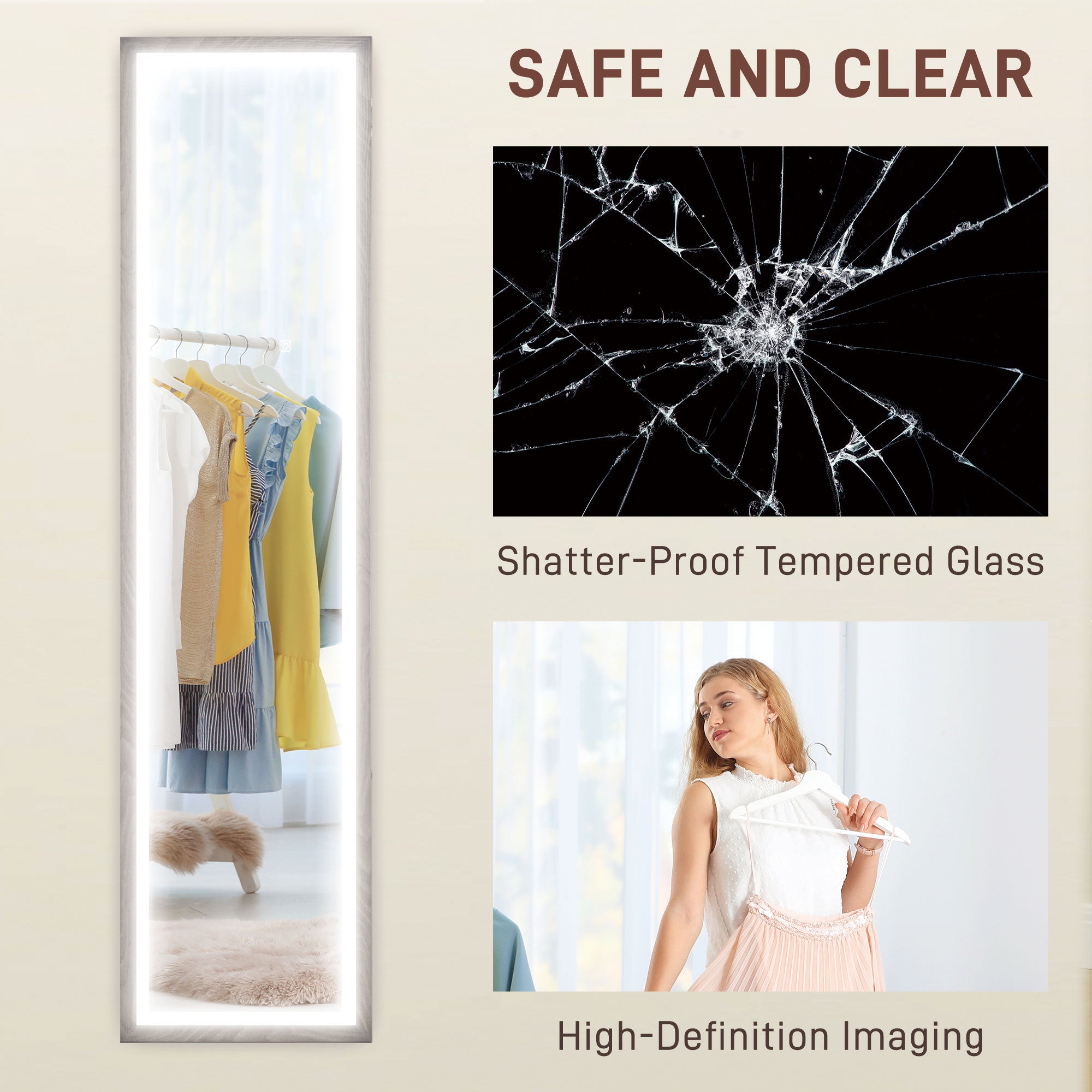 HOMCOM Full Length Mirror, with Adjustable Outer Light, Grey - North Peak Garden Furniture