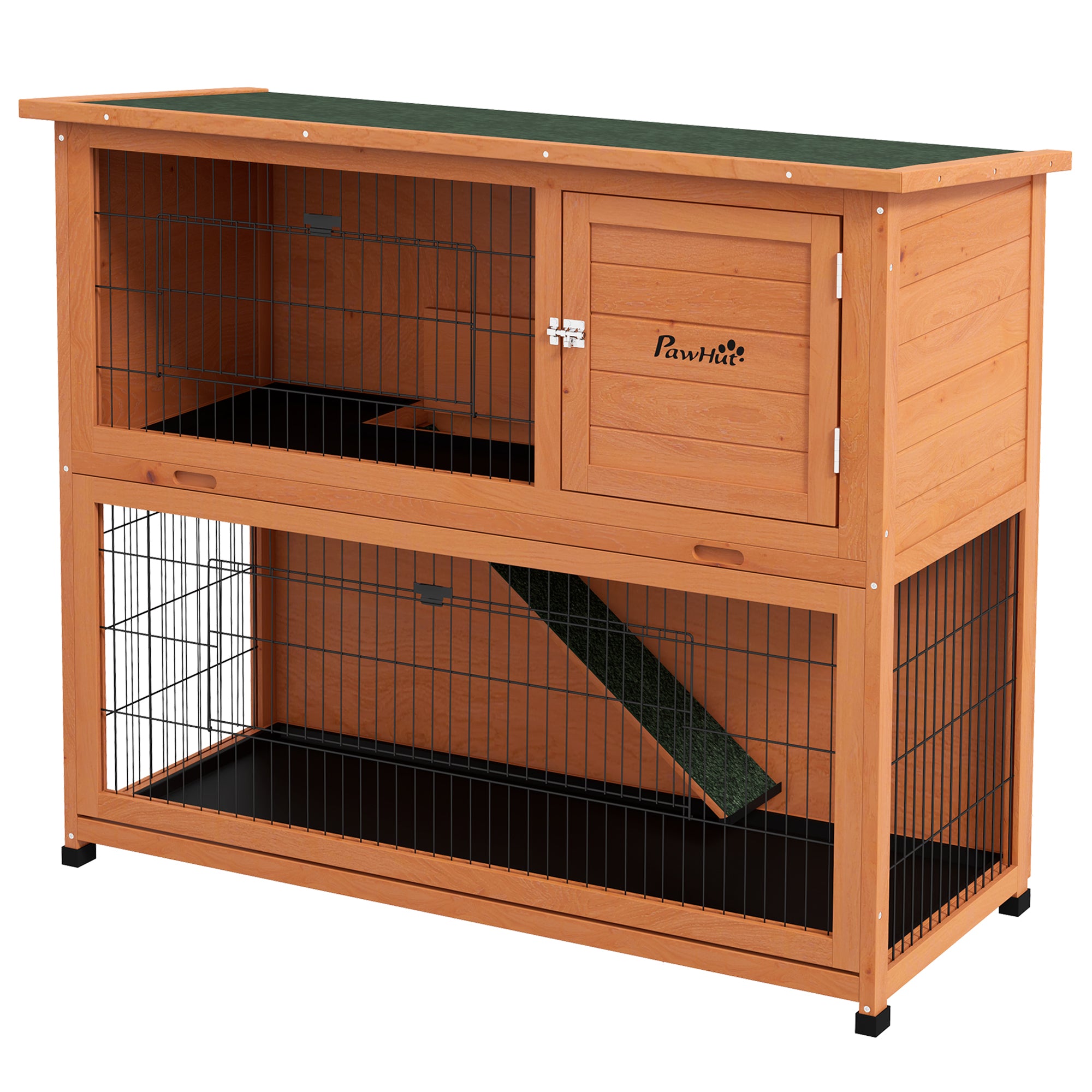 PawHut Two-Tier Antiseptic Wood Rabbit Hutch, 102cm Guinea Pig Hutch with Run - Orange