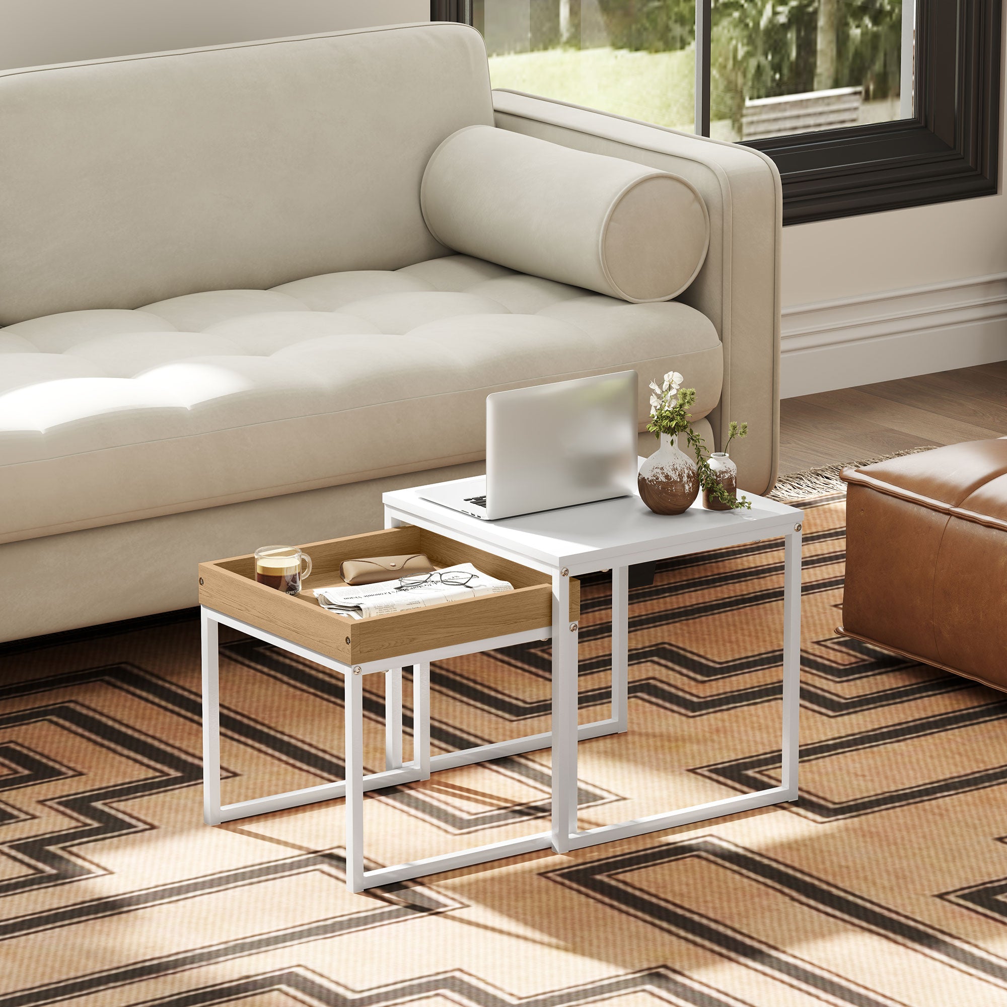 HOMCOM Set of Two Boxy Nesting Tables - White/Wood-Effect - North Peak Garden Furniture