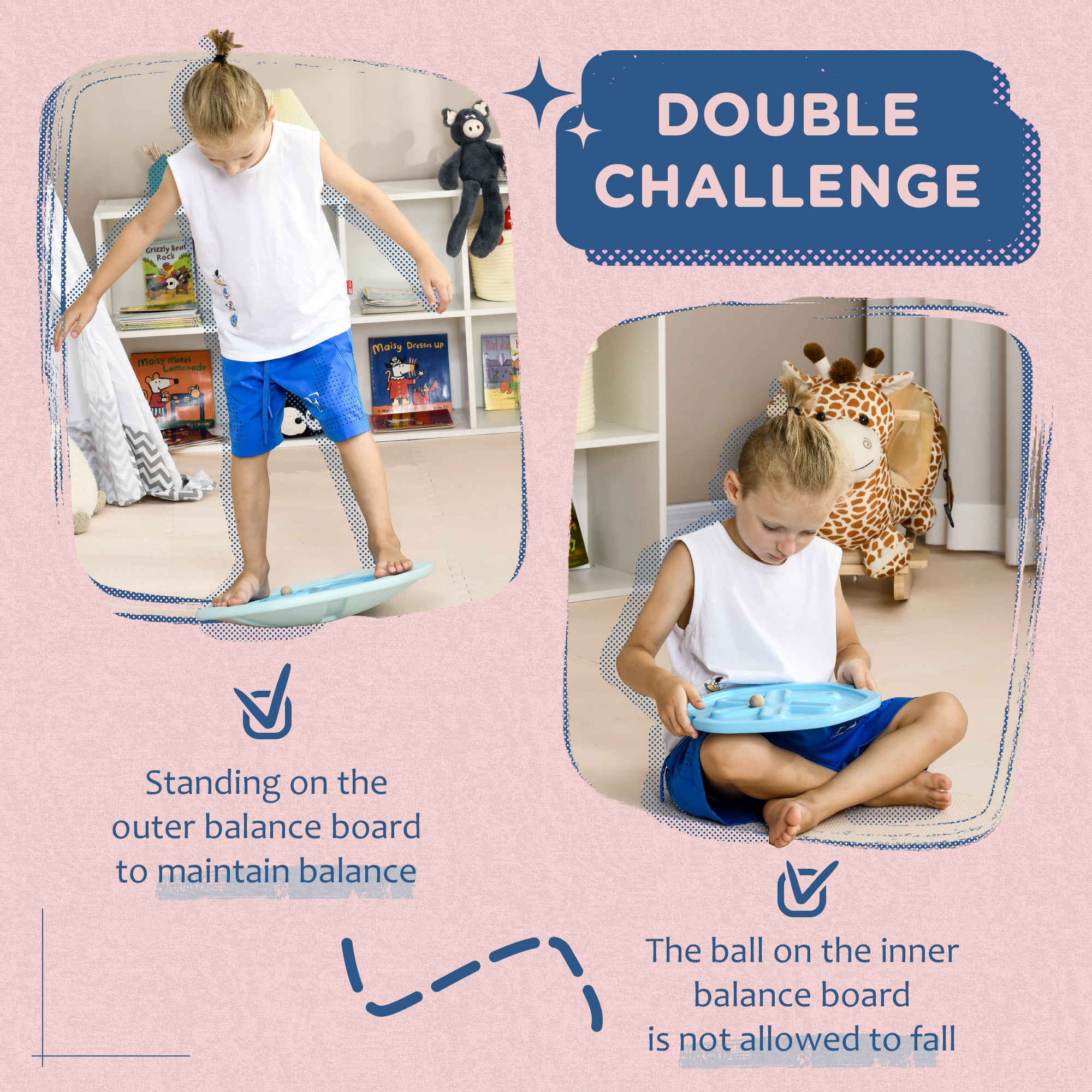 ZONEKIZ Two-In-One Balance Board, Kids Wobble Board with Ball - Blue - North Peak Garden Furniture