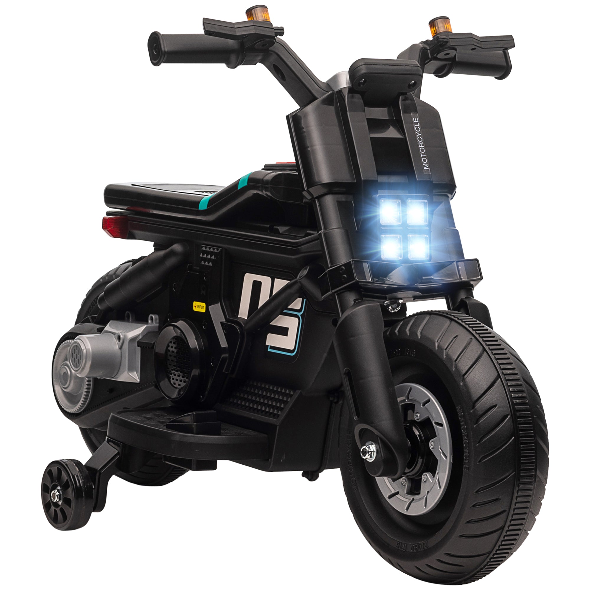HOMCOM Kids Electric Motorbike with Siren, Horn, Headlights, Music, Training Wheels, for Ages 3-5 Years - Black - North Peak Garden Furniture