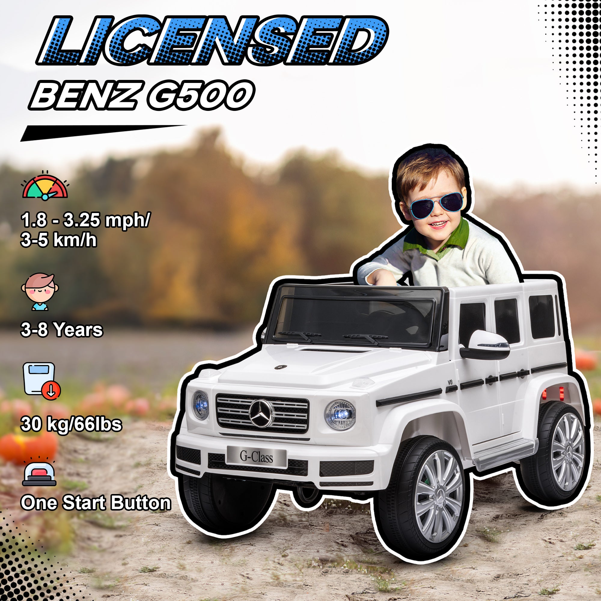 HOMCOM Mercedes Benz G500 Licensed 12V Kids Electric Ride On Car Toy with Parental Remote Control Battery-powered 2 Motors Music Lights MP3 for 3-8 Years Old White - North Peak Garden Furniture