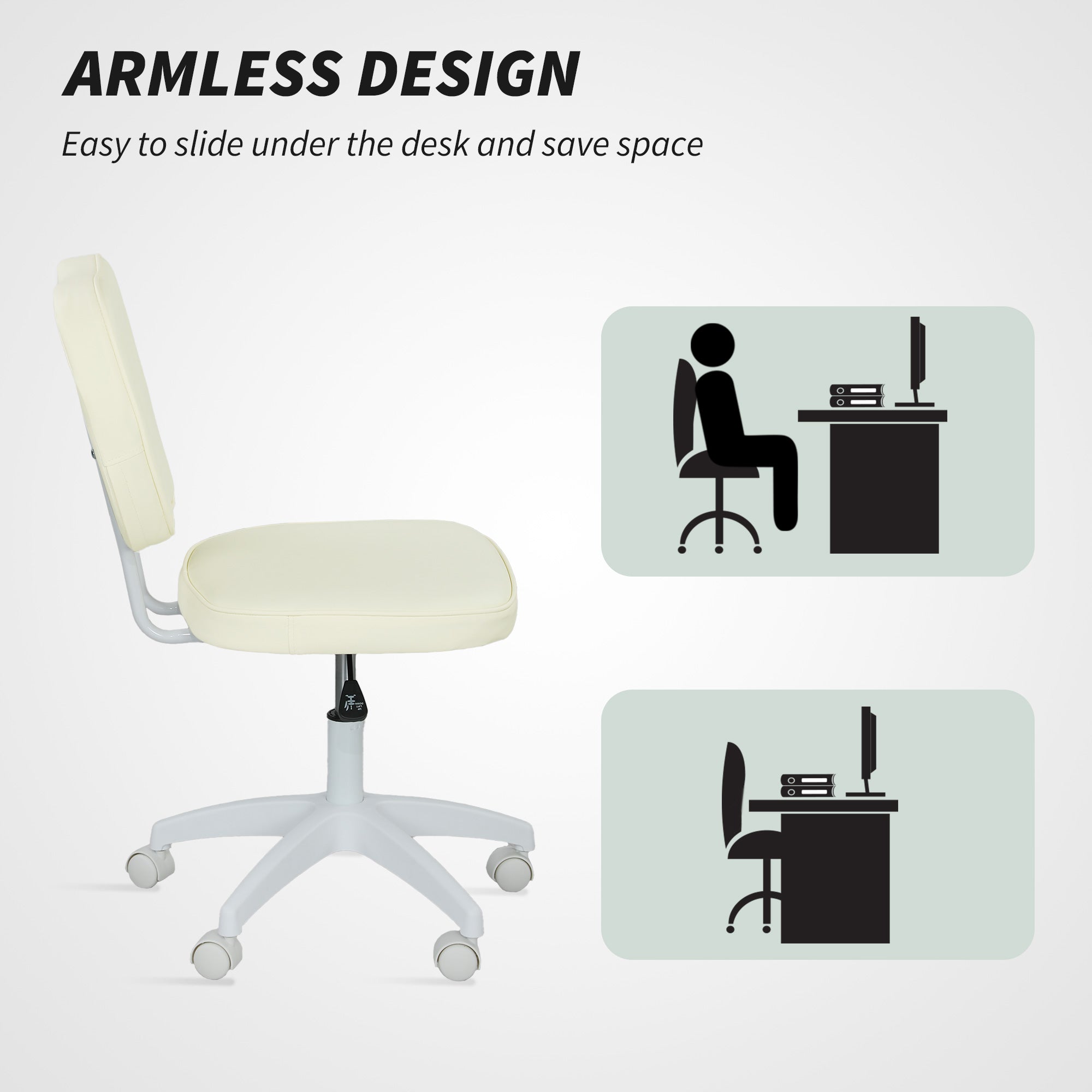 Vinsetto Vanity Office Chair, PU Leather Computer Chair for Home, with Adjustable Height, Armless, Swivel Wheels, Cream
