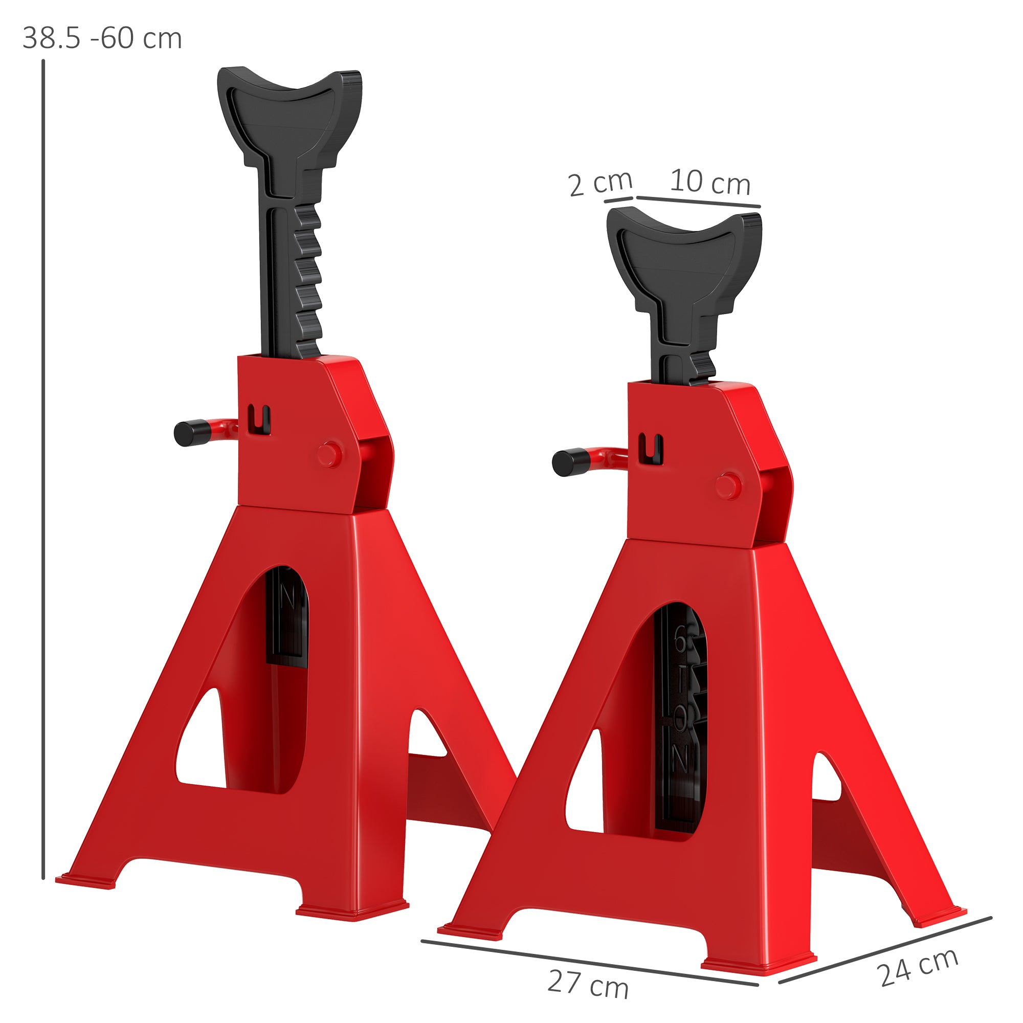 HOMCOM Axle Stands 3 Ton Car Jack Stands Pack of 2, 38.5-60 cm Height Adjustable Support Jack Stand, Heavy Duty Car Lift Tool for Vehicles, Caravans, Workshops, Garages, Red - North Peak Garden Furniture