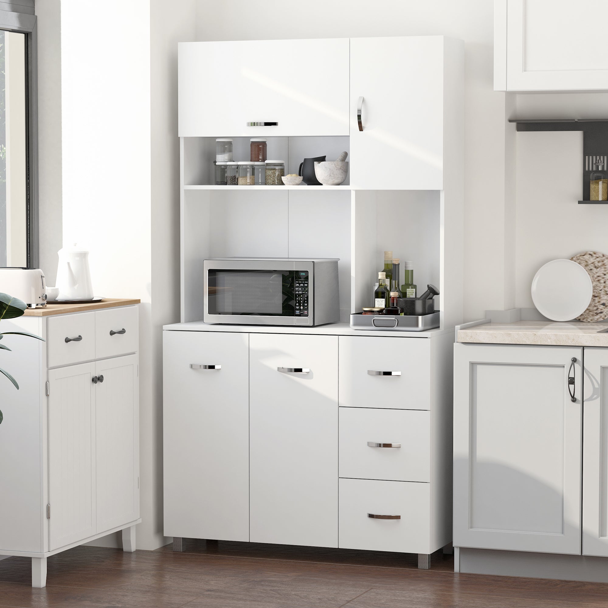 HOMCOM Freestanding Kitchen Cupboard, Storage Cabinet with Doors and Shelves, Drawers, Open Compartments for Microwave,White - North Peak Garden Furniture