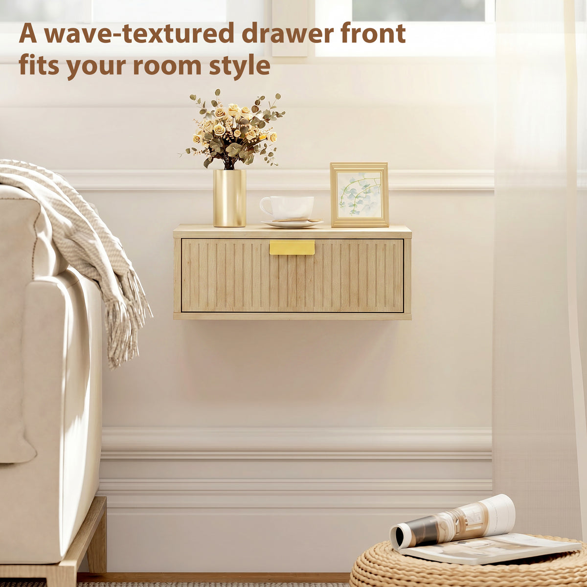 HOMCOM Modern Floating Nightstands Set of 2, Wall Mounted Bedside Tables with Wave Drawer Oak