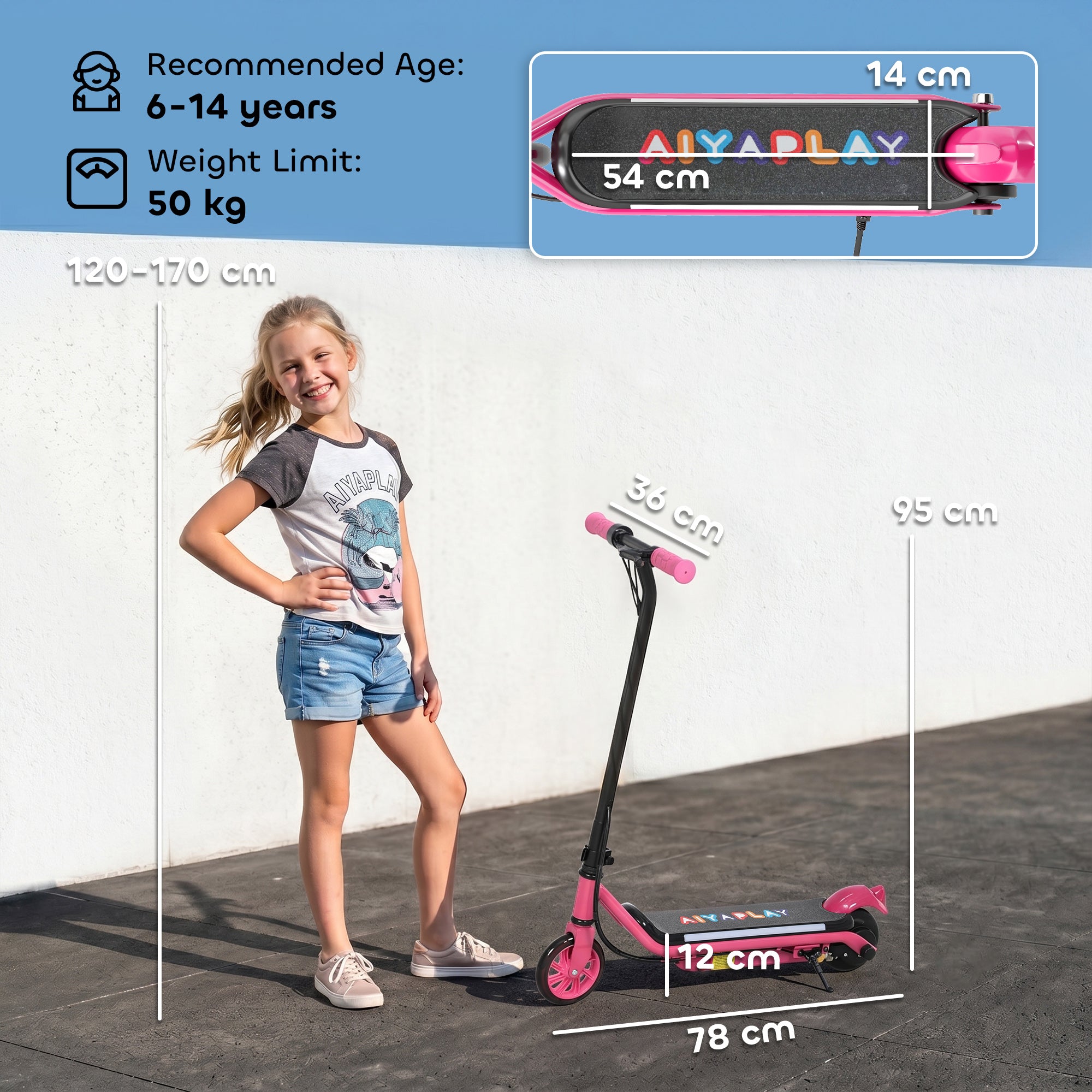 AIYAPLAY Electric Scooter for Kids Ages 6-14, with Dual Brakes, Flash Wheel and Colourful Light, Kids Electric Scooter E Scooter, Up to 12 KM/H & 10 KM, Pink