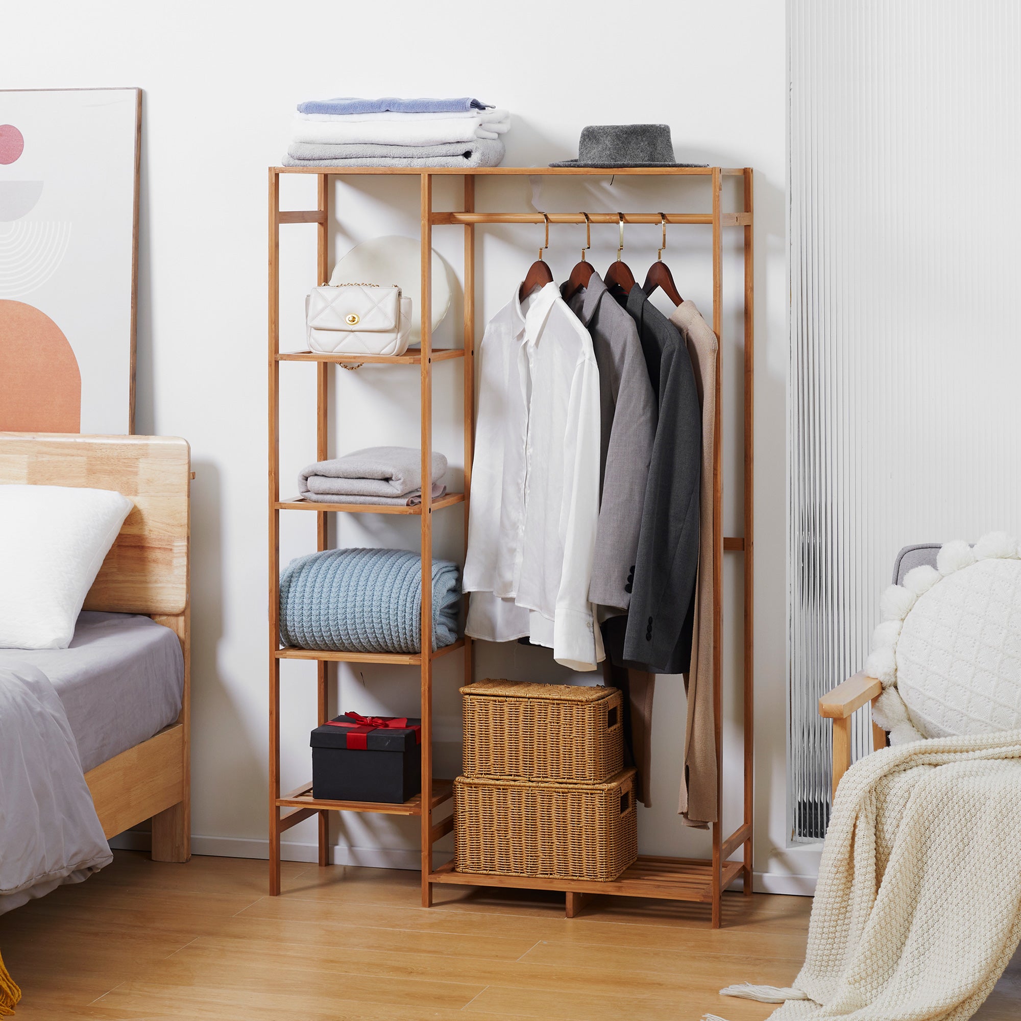 HOMCOM Bamboo Clothes Rack for Bedroom Garment Rack with 6-Tier Storage Shelf Hanging Rod Clothes Rail for Living Room Entryway - North Peak Garden Furniture