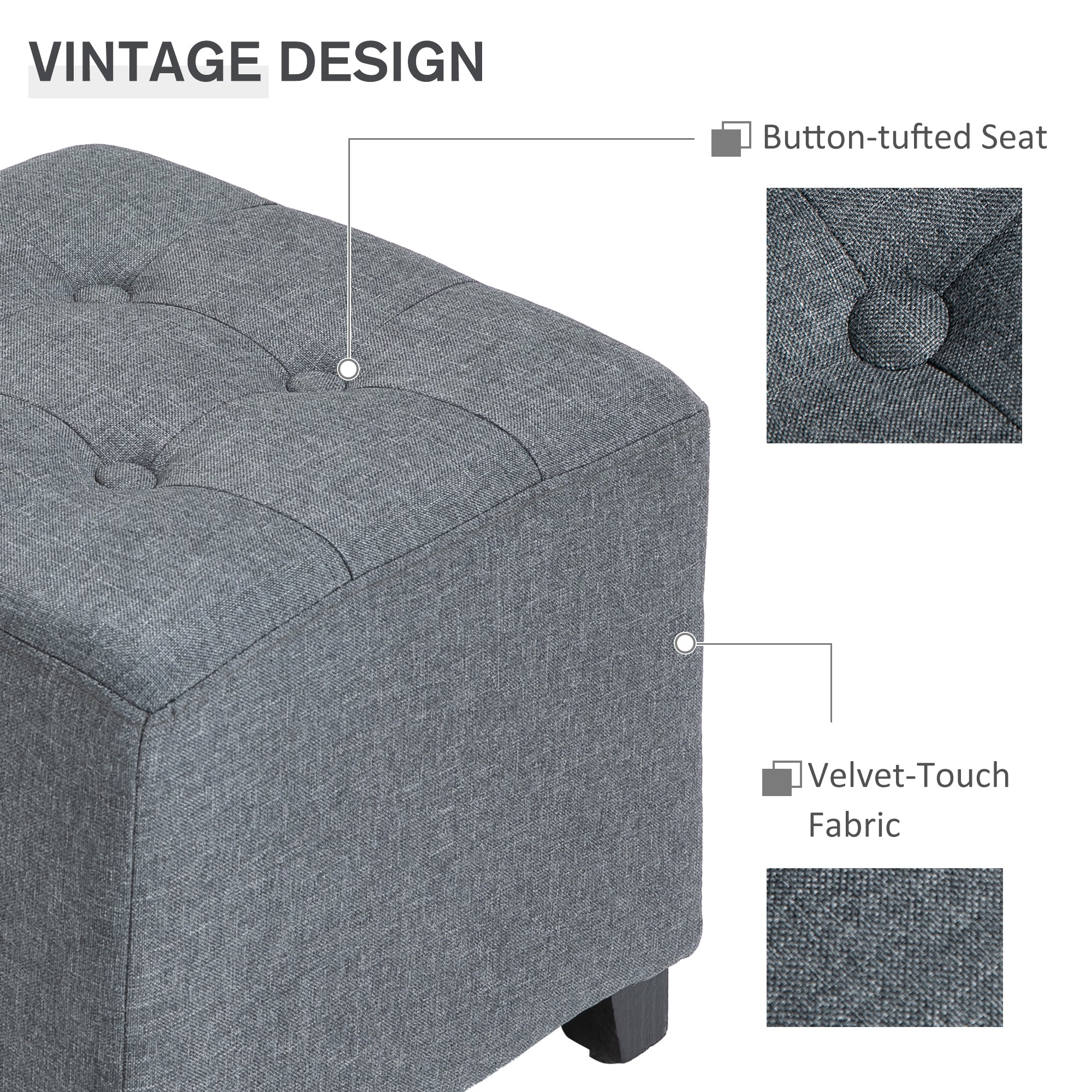HOMCOM Linen-Look Square Ottoman Footstool w/ Button Tufts Wood Frame Padding Fabric Upholstered Stylish Home Furniture Footrest Side Table Grey - North Peak Garden Furniture