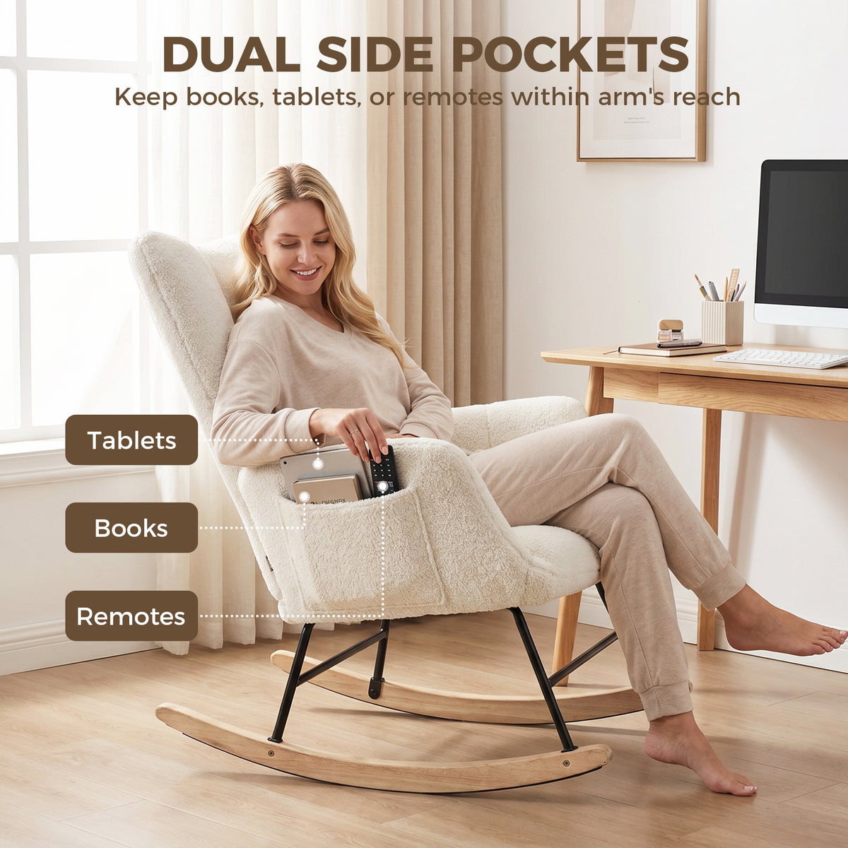 HOMCOM Rocking Chair, Teddy Fleece Rocker Chair with Tufted Wingback, Side Pockets, Rubber Wood Legs, Cream White