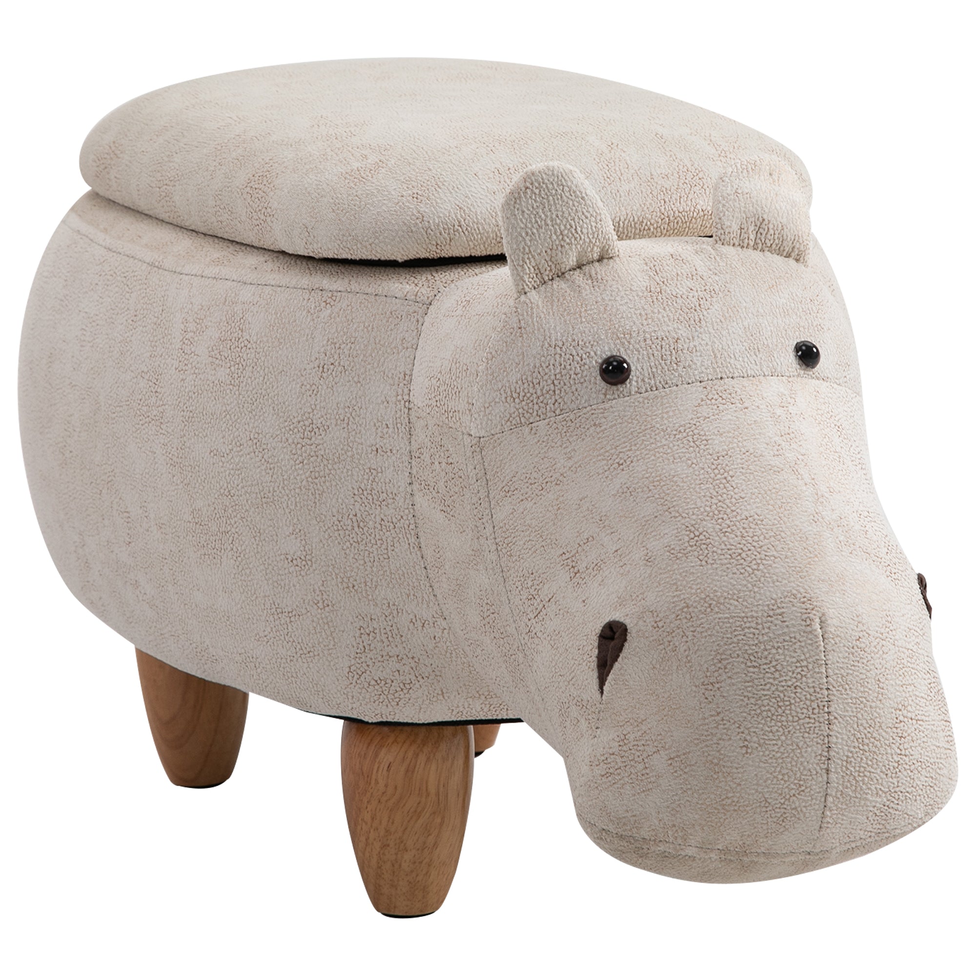 HOMCOM Hippo Storage Stool Cute Decoration Footrest Wood Frame Legs with Padding Lid Ottoman Animal Furniture Cream 36 x 65cm - North Peak Garden Furniture