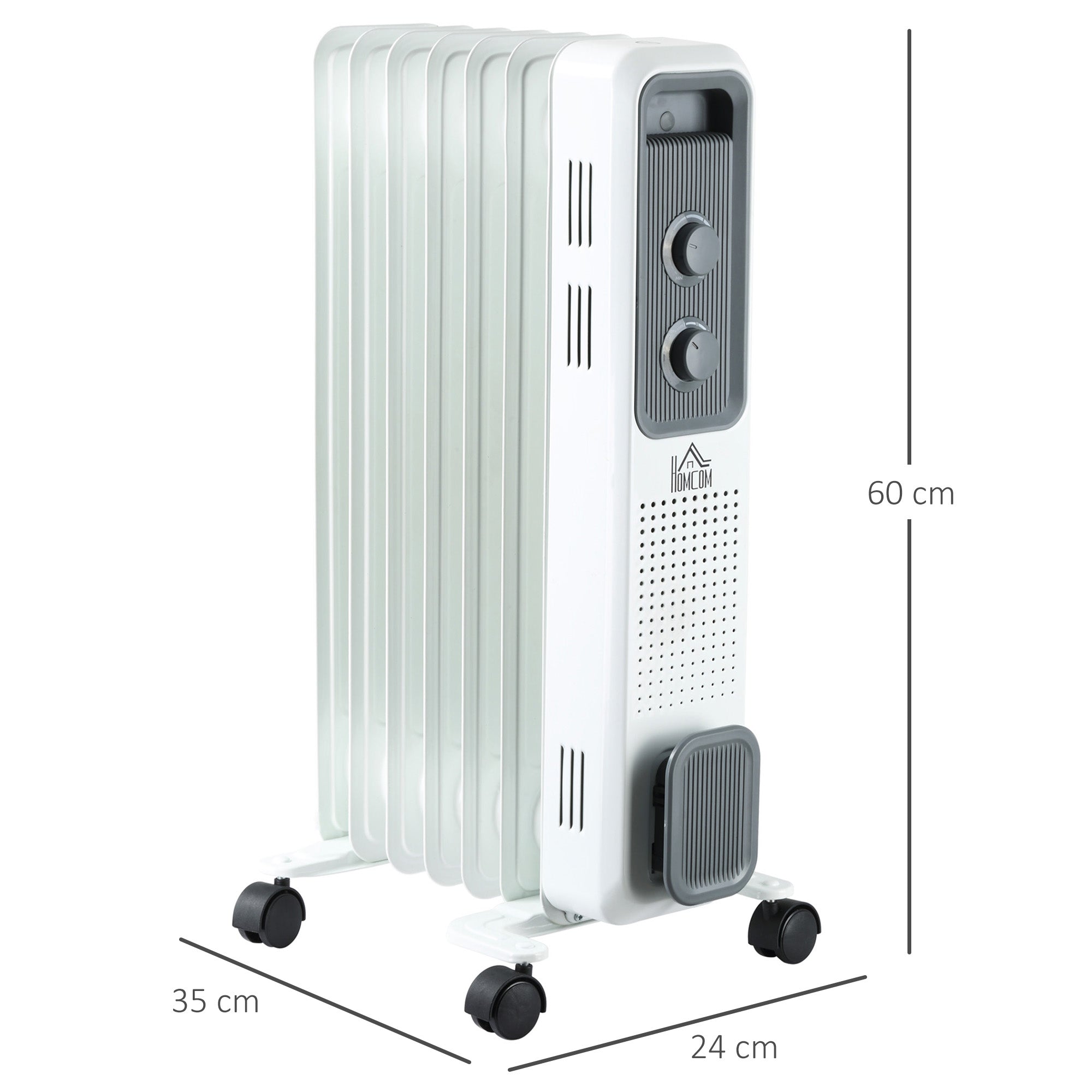 HOMCOM 1500W Oil Filled Radiator, 7 Fin, Portable Electric Heater with 3 Heat Settings, Safety Cut-Off and Wheels, White