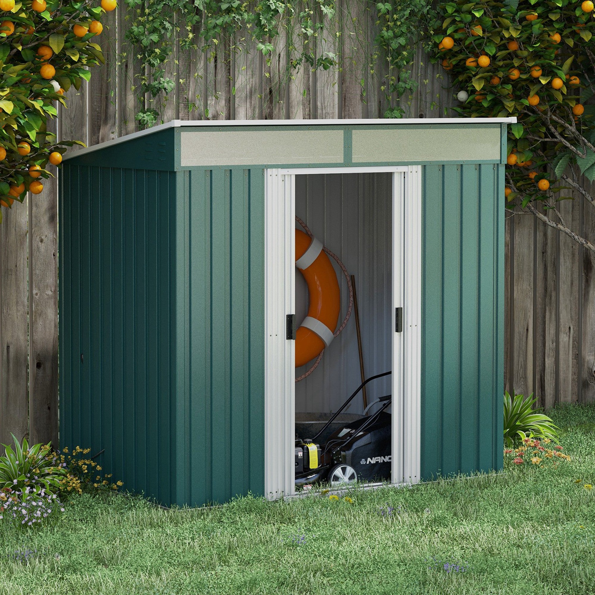 Outsunny 6.5 x 4FT Galvanised Metal Shed with Foundation Kit, Lockable Tool Garden Shed with Double Sliding Doors, Vents, Green - North Peak Garden Furniture