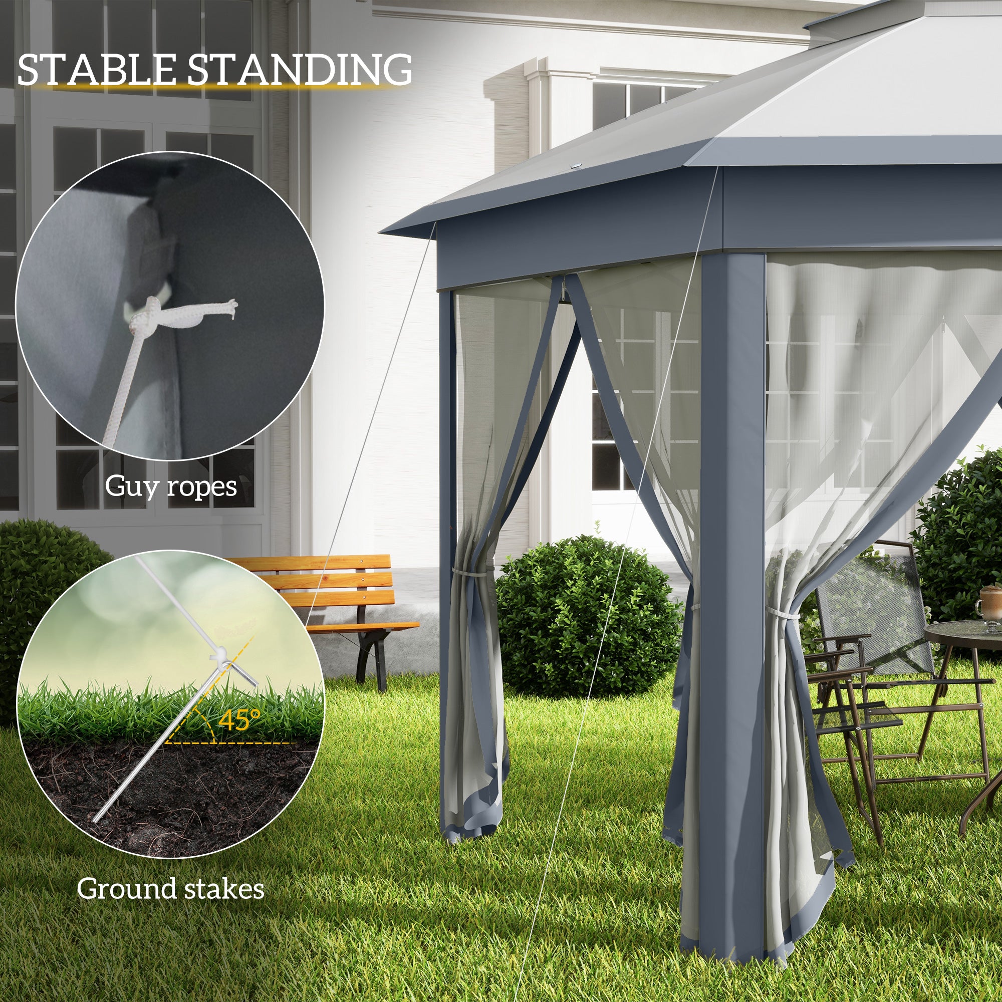 Outsunny 3 x 4m Metal Frame Hexagon Gazebo, with Curtains - Grey