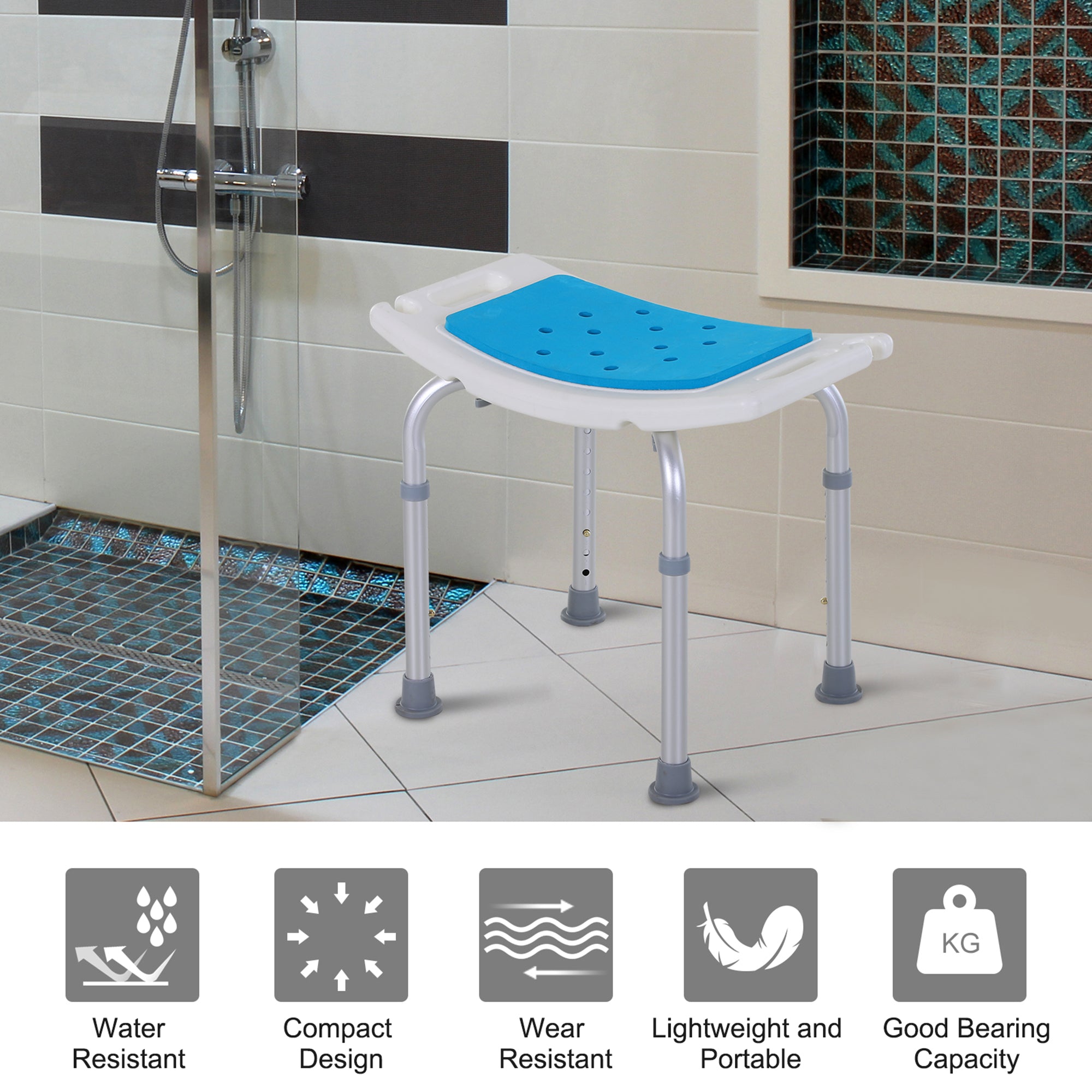 HOMCOM 6-Level Height Adjustable Aluminium Bath Room Stool Chair Shower Non-Slip Design w/ Padded Seat Drainage Holes Foot Pad, Blue - North Peak Garden Furniture