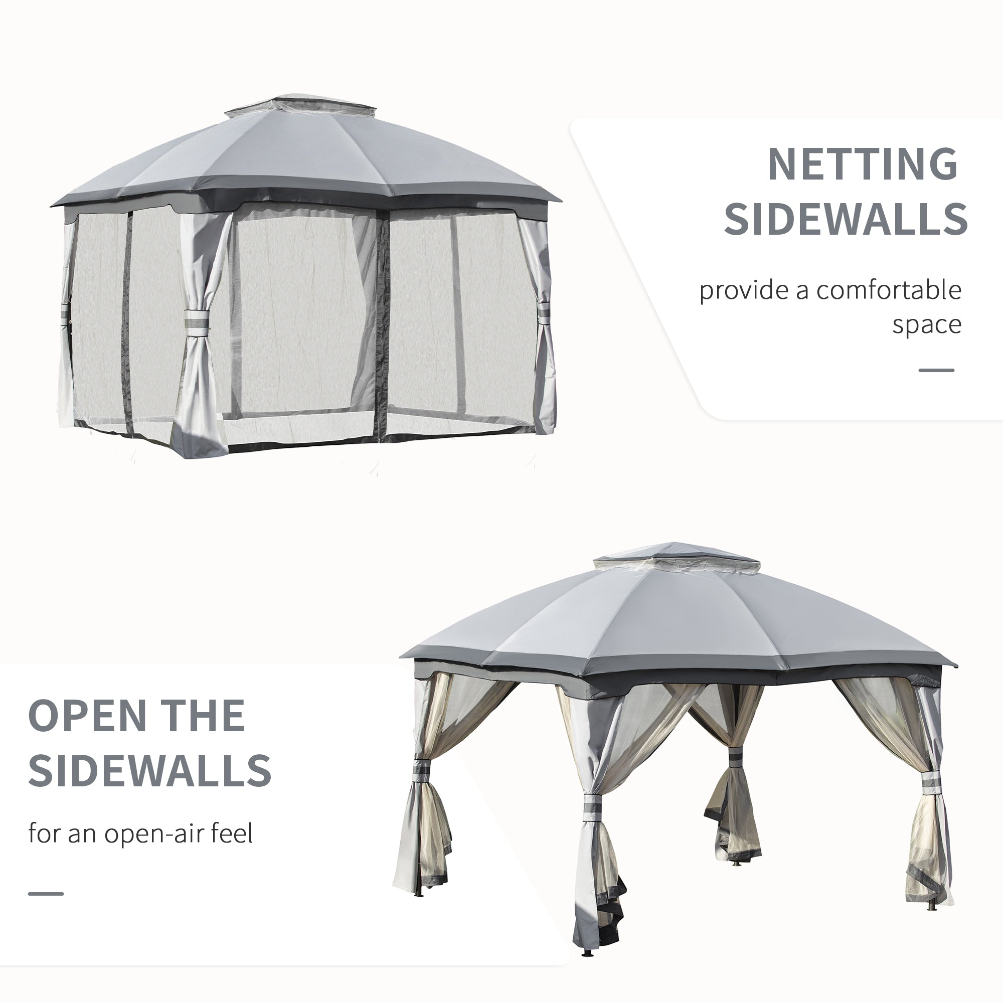 Outsunny 3.7 x 3(m) Metal Gazebo Canopy Party Tent Garden Patio Shelter with Netting Sidewalls & Double Tiered Roof, Grey