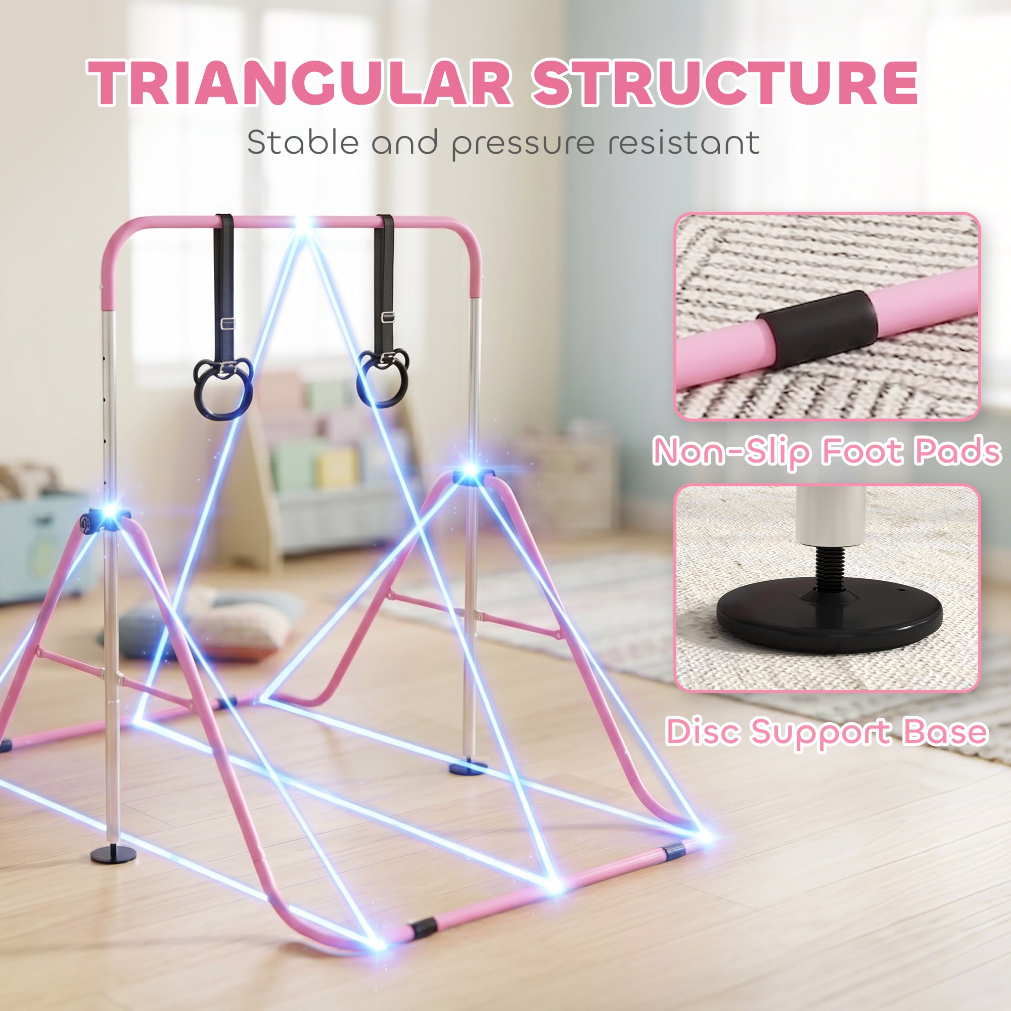 HOMCOM Adjustable Height, Foldable Kids Gymnastics Bar w/ Non-Slip Mats, for 3+ Years, Pink