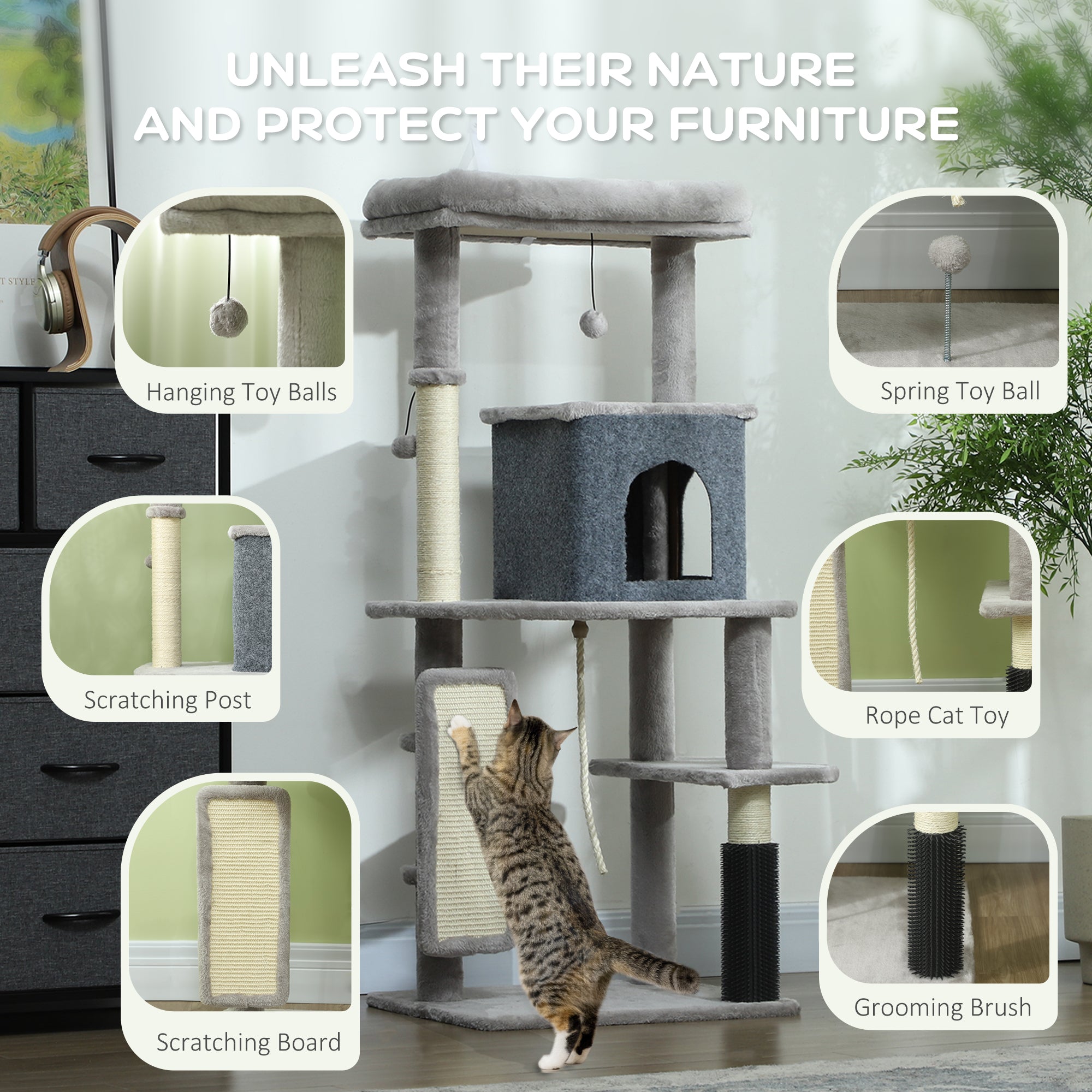 PawHut 132cm Cat Tree w/ Scratching Posts, Pad, Cat Bed, Cat House, Jumping Platform, Grooming Brush, Anti-Tip Kit, Light Grey - North Peak Garden Furniture