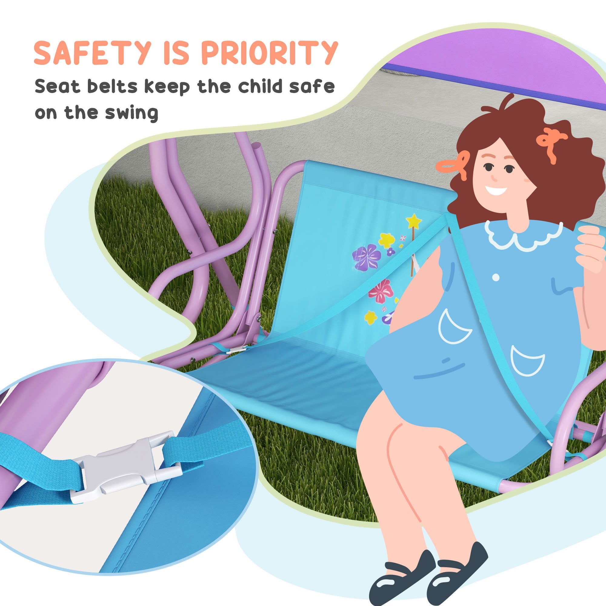 Outsunny 4PCs Kids Garden Furniture Set w/ 2 Seater Garden Swing Chair with Adjustable Canopy, Childrens Table and Chair Set with Parasol, for Toddler Girls 3-6 Years Old - North Peak Garden Furniture