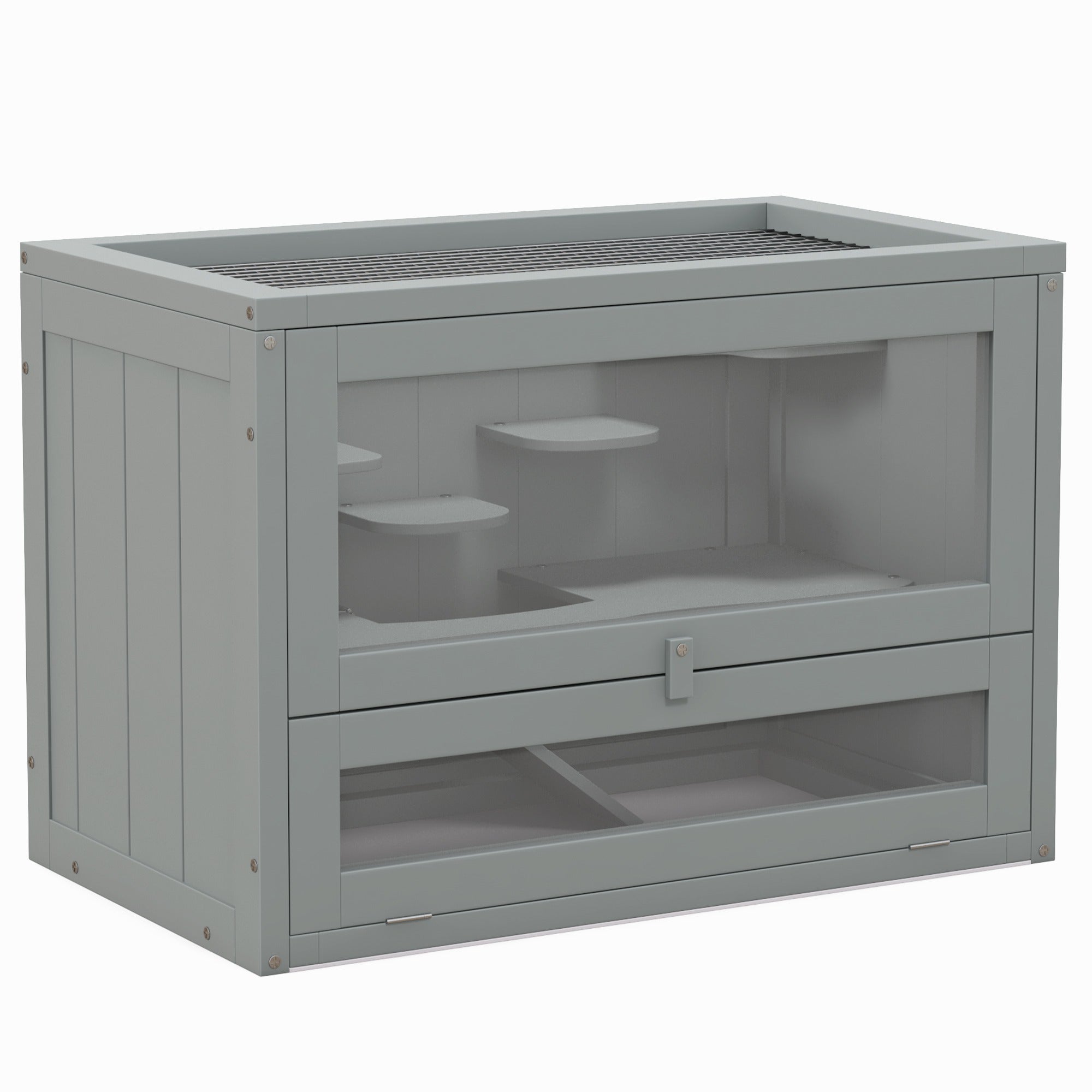 PawHut Wooden Hamster Cage Mouse Mice Rodent Small Animals Hutch Exercise Play House 60 x 35 x 42cm, Grey - North Peak Garden Furniture