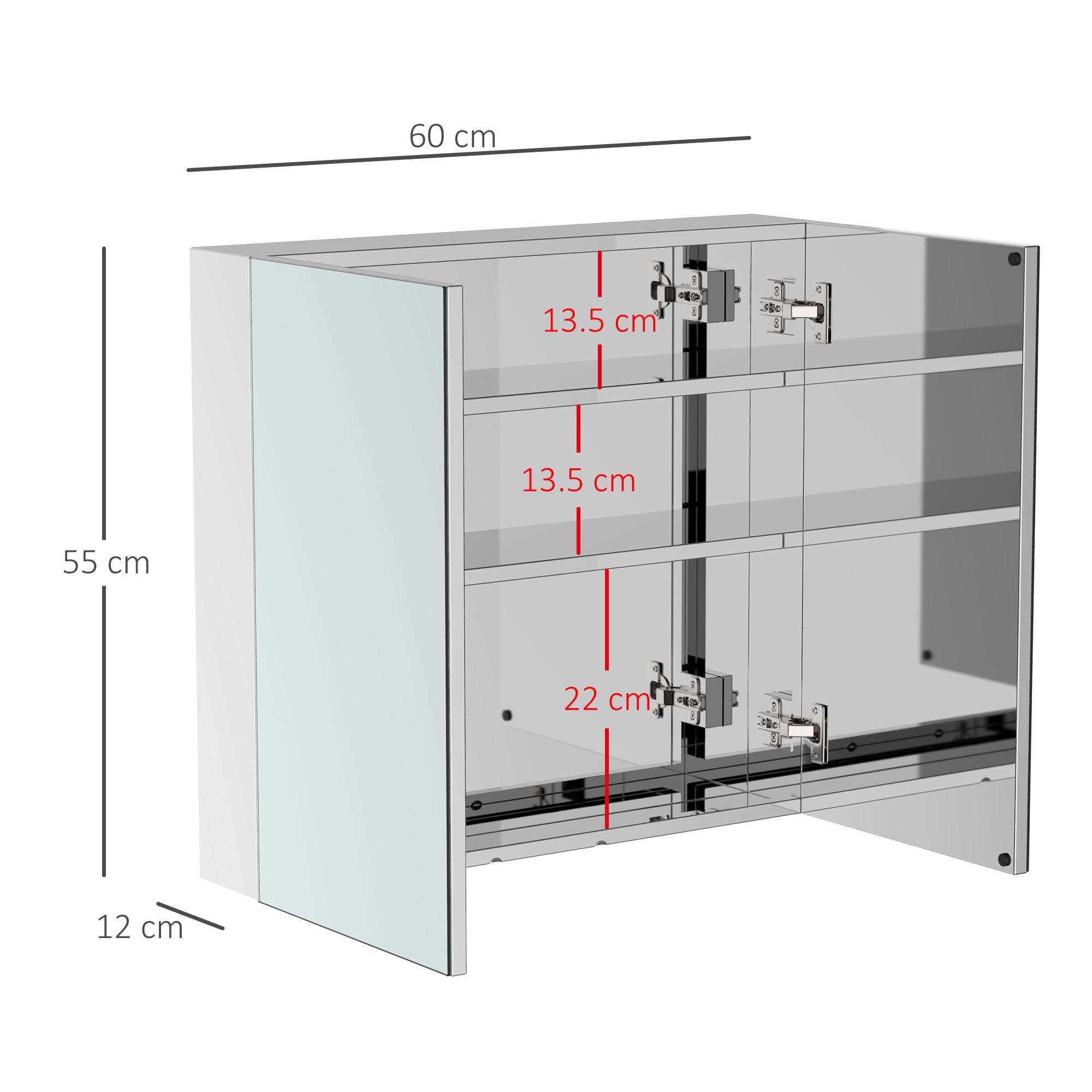 HOMCOM Bathroom Mirror Cabinet, Stainless Steel Wall Mounted Bathroom Storage Cabinet with Double Doors, 60x55cm - North Peak Garden Furniture