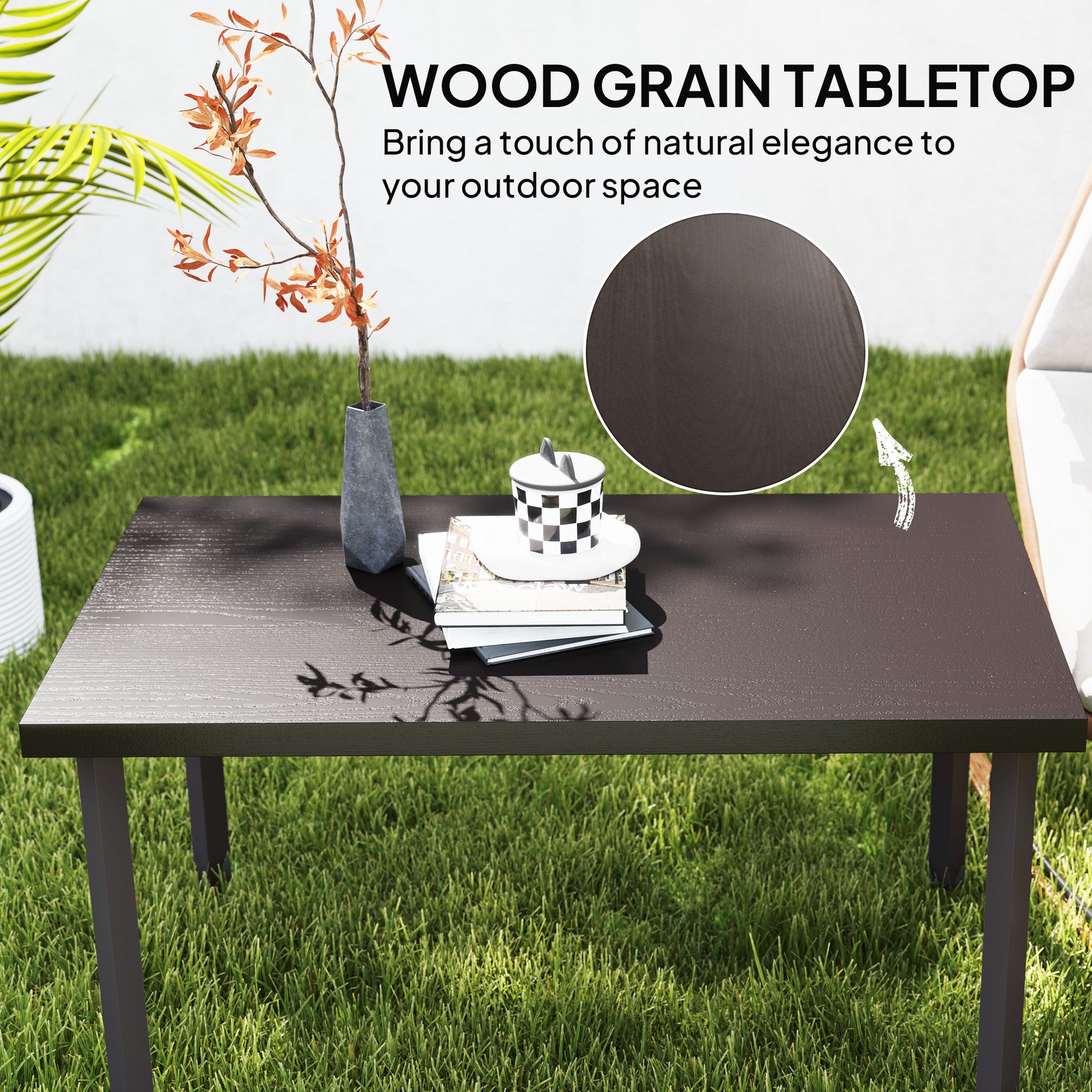 Outsunny Metal Garden Coffee Table, Rectangular Outdoor Side Table with Woodgrain Tabletop, Foot Pads for Outside, Garden, Balcony, Porch, 95 x 55 x 46cm, Brown - North Peak Garden Furniture