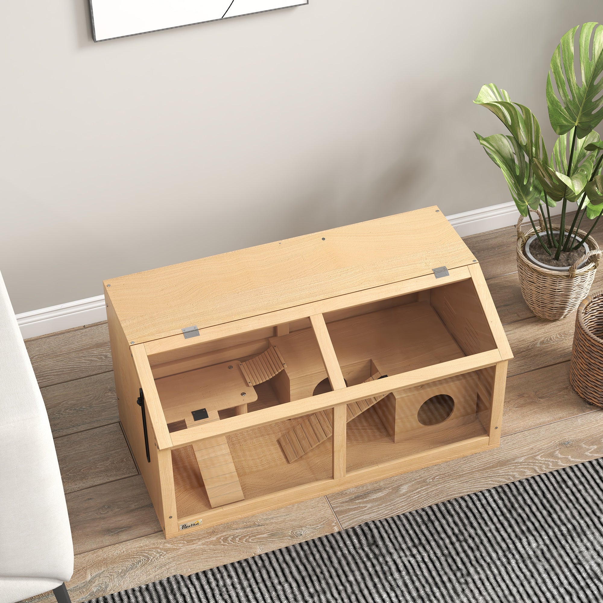 PawHut Hamster Cage, Wooden Small Animal Cage for Gerbils, Mice w/ Suspension Bridge, Openable Top, Hut, 85 x 45 x 44cm Nature - North Peak Garden Furniture