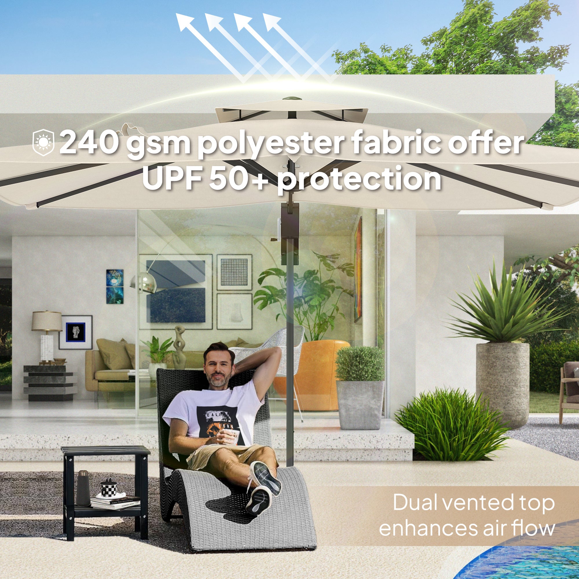 Outsunny 3.7 x 2.7 m Cantilever Parasol w/ 360° Rotation and Easy Tilt Adjustment, Aluminium Hanging Offset Outdoor Umbrella w/ Double Top and Cross Base, UPF50+ Hanging Sun Shade, Black - North Peak Garden Furniture
