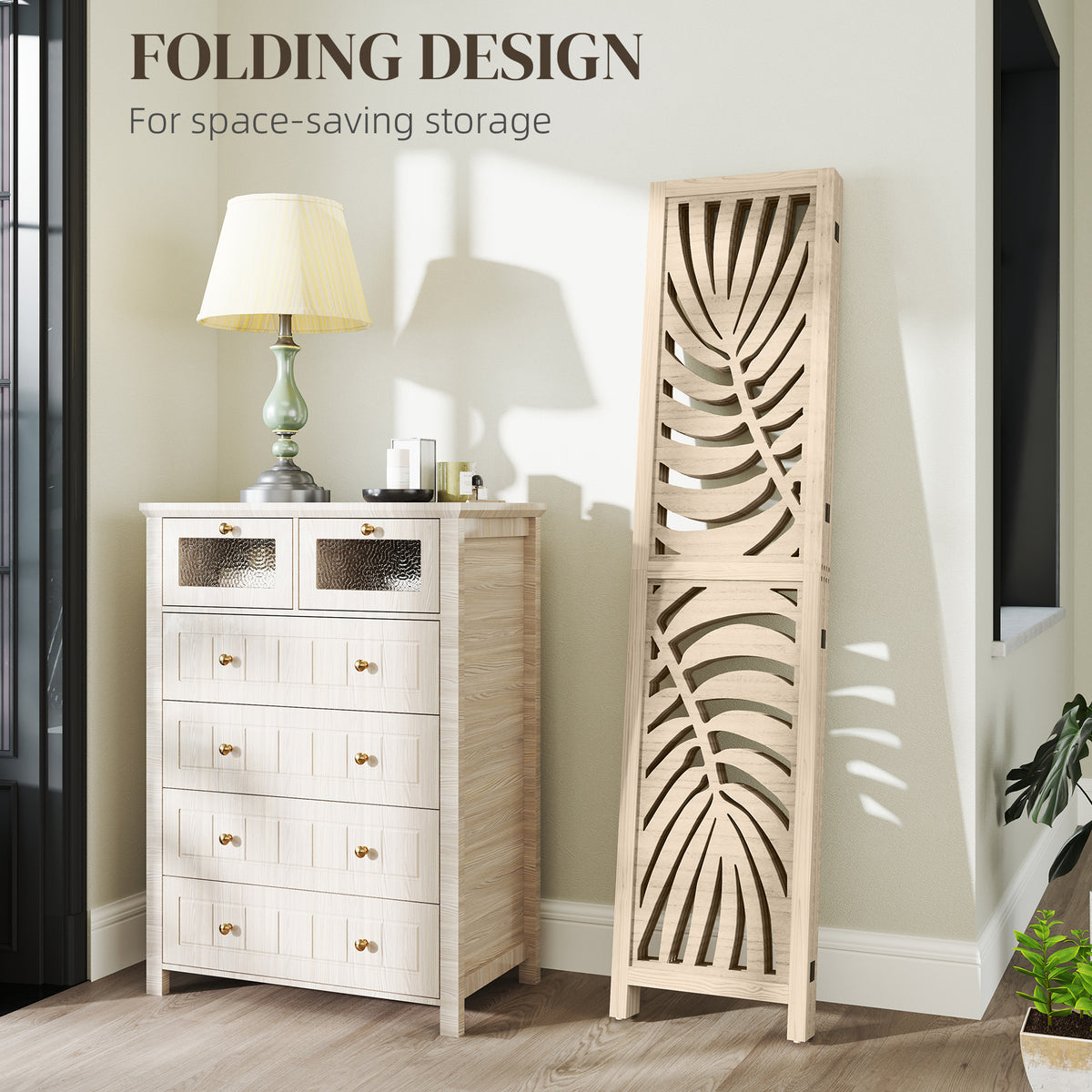HOMCOM 4 Panel Privacy Screens, Detachable Folding Room Divider with Palm Leaf Design for Home Office, Natural Wood Finish
