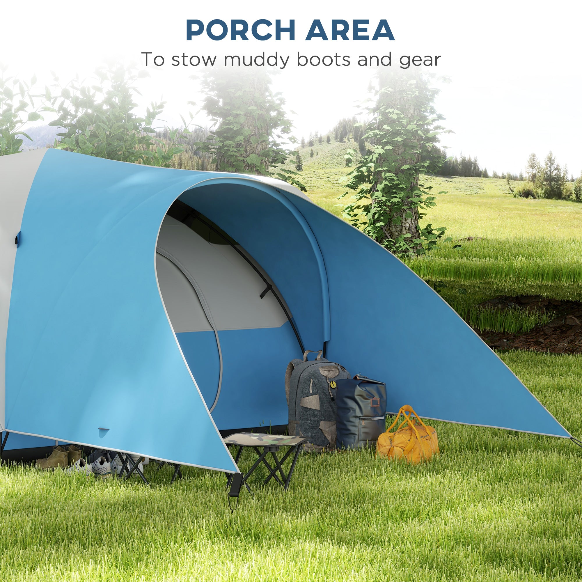 Outsunny 3000mm Waterproof Camping Tent for 5-6 Man, Family Tent with Porch and Sewn in Groundsheet, Portable with Bag, Blue - North Peak Garden Furniture