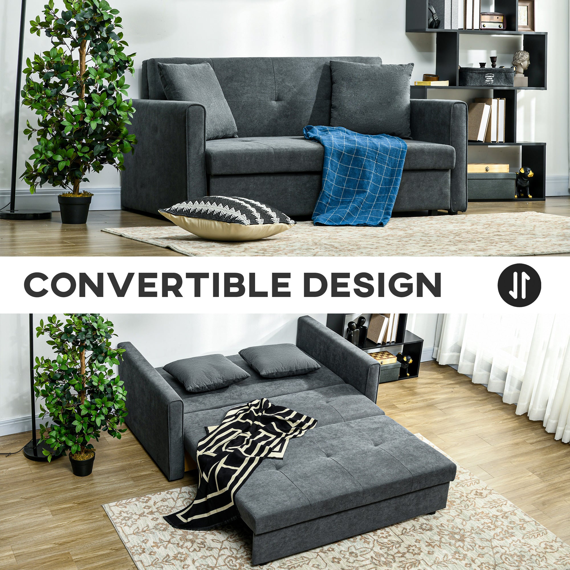 HOMCOM 2 Seater Sofa Bed, Convertible Bed Settee, Modern Fabric Loveseat Sofa Couch with 2 Cushions, Hidden Storage for Living Room, Guest Room, Dark Grey - North Peak Garden Furniture