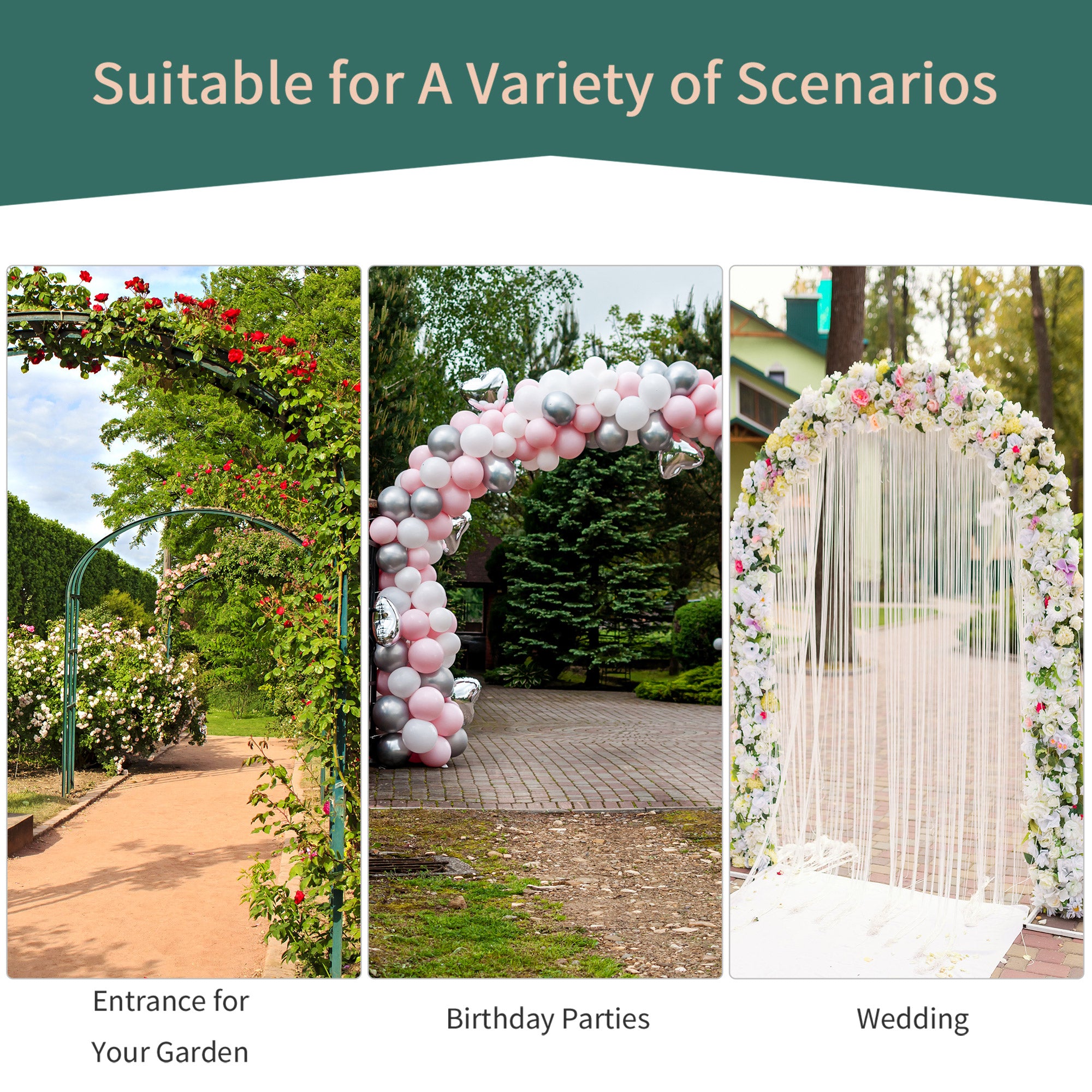 Outsunny Metal Garden Arch Trellis, Decorative Arbour Archway for Walkway Path Ceremony Wedding Party, 120 x 30 x 226cm - North Peak Garden Furniture