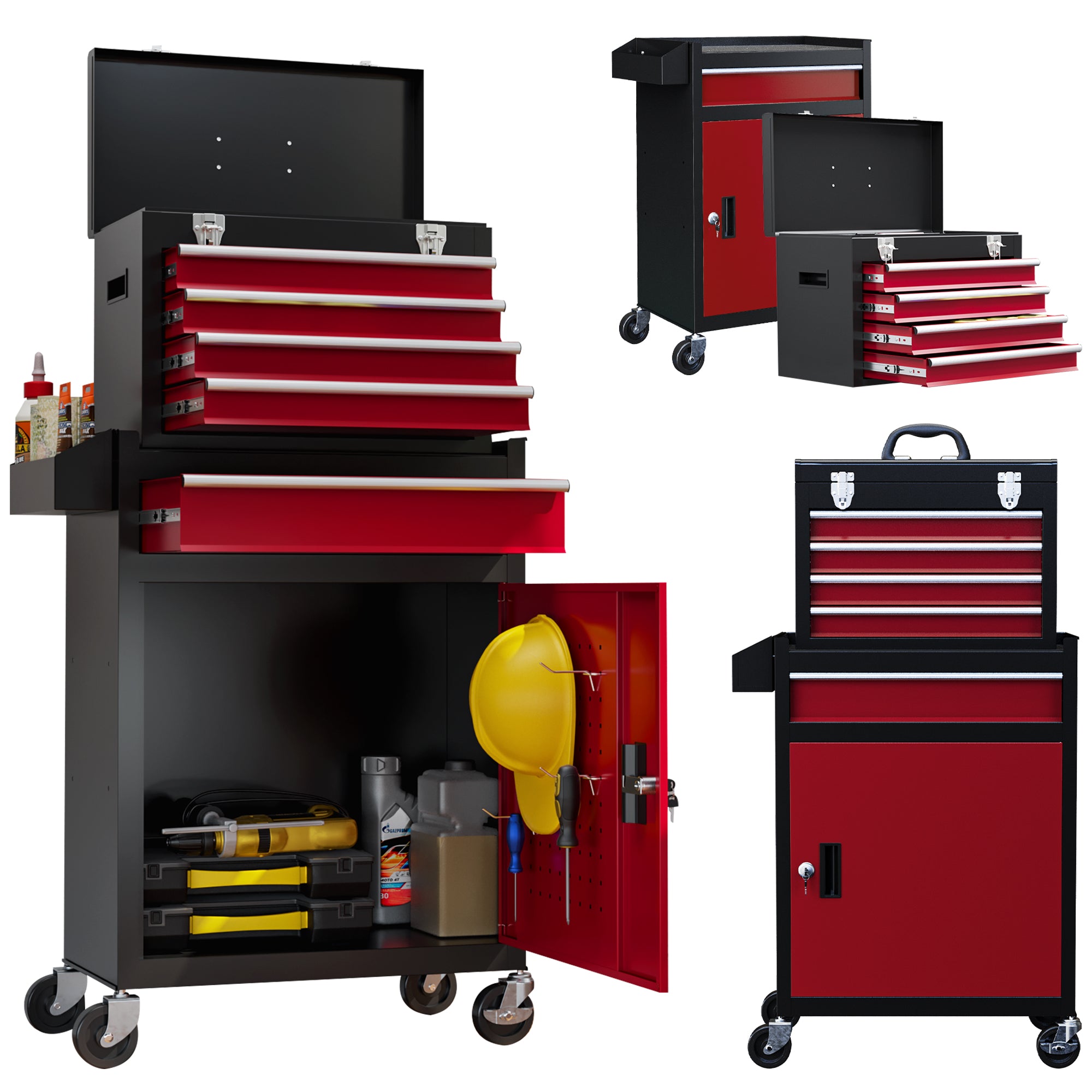HOMCOM Two-Part Tool Storage Chest on Wheels - Black/Red - North Peak Garden Furniture