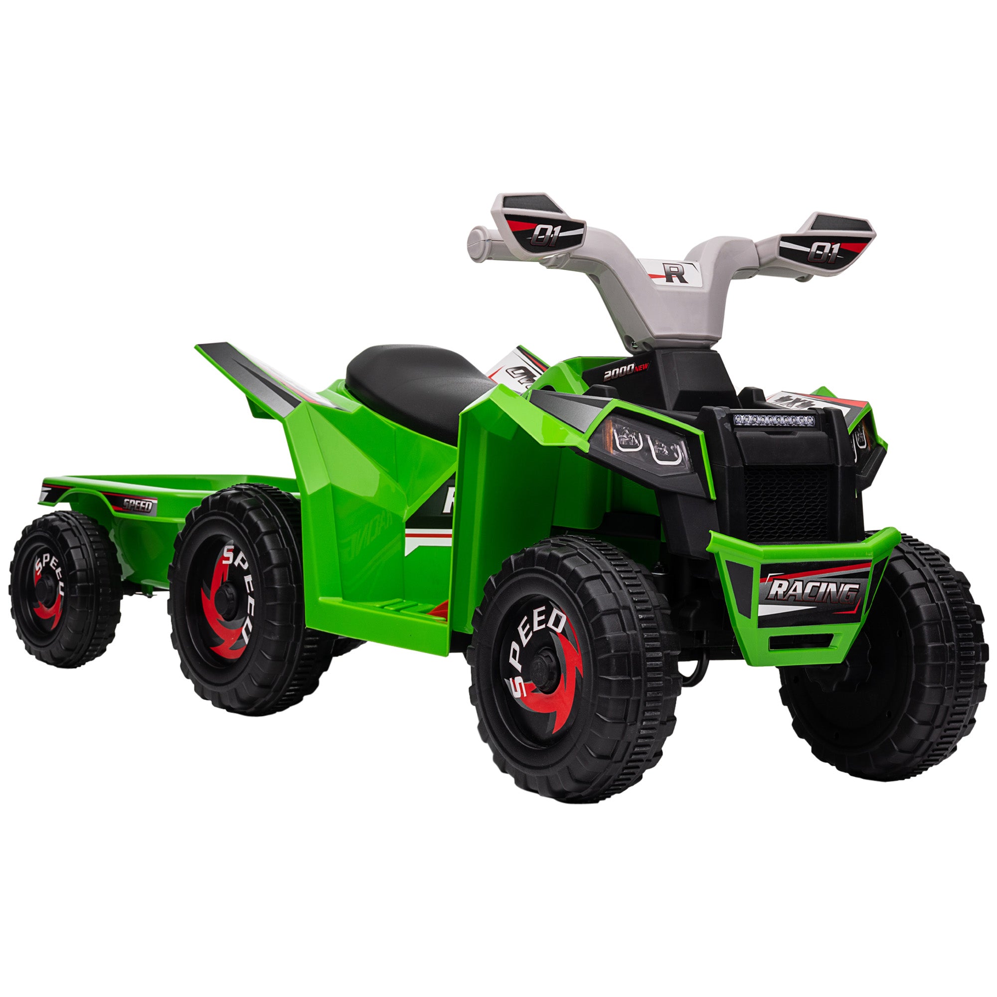HOMCOM 6V Quad Bike with Back Trailer, Wear-Resistant Wheels, for Ages 18-36 Months, Green - North Peak Garden Furniture