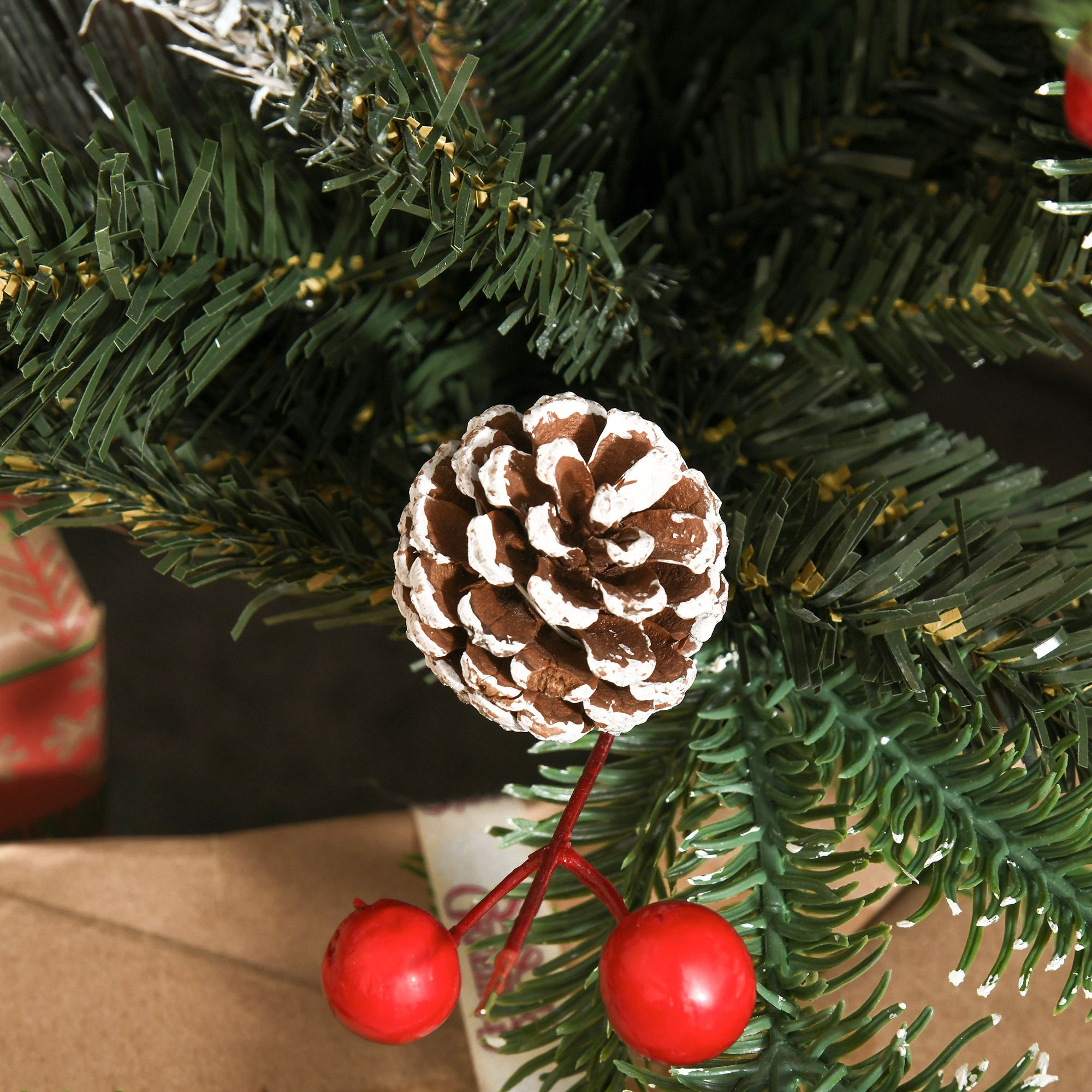 HOMCOM 4FT Artificial Snow Dipped Christmas Tree Xmas Pencil Tree Holiday Home Party Decoration with Foldable Feet Red Berries White Pinecones, Green - North Peak Garden Furniture
