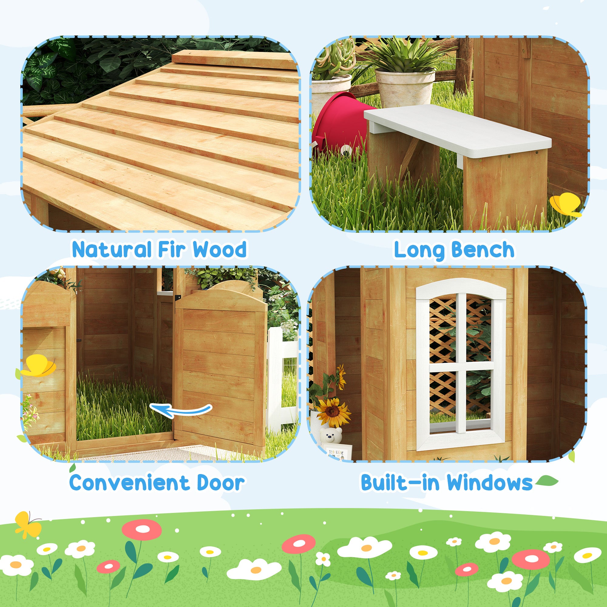 Outsunny Wooden Playhouse for Kids with Door, Windows, Mailbox, Flower Pot Holder, Serving Station, Bench for Children, Yellow - North Peak Garden Furniture