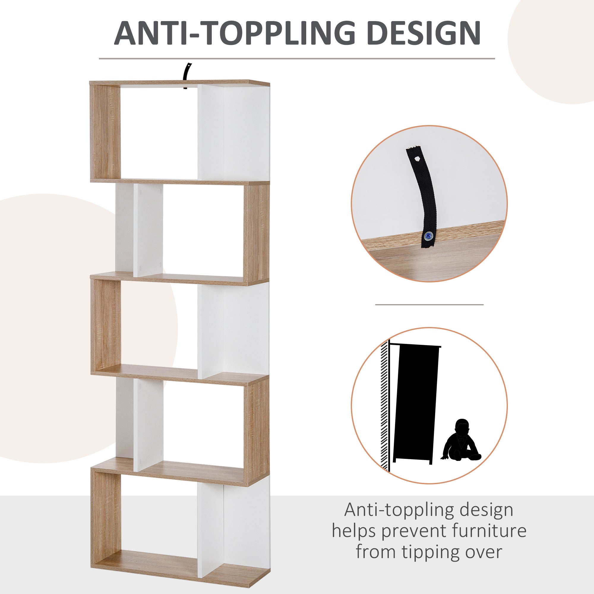 HOMCOM 5-tier Bookcase Storage Display Shelving S Shape design Unit Divider Natural - North Peak Garden Furniture