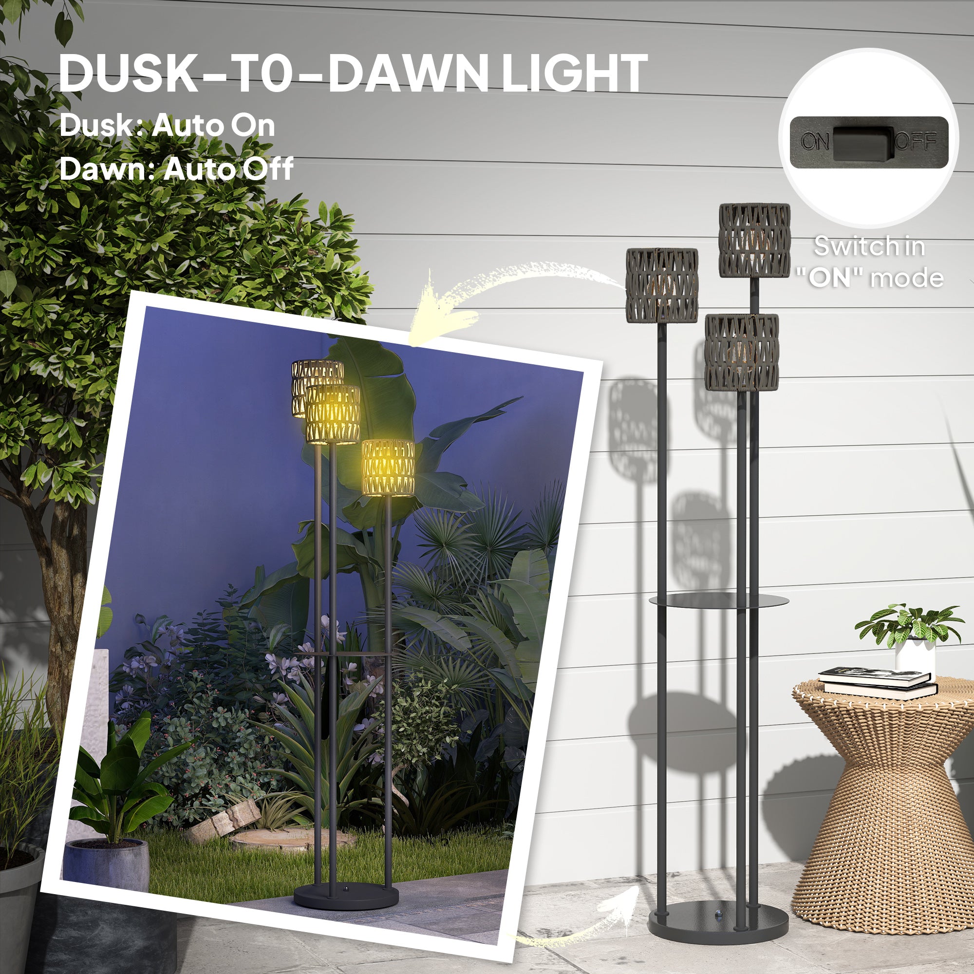 Outsunny Boho Rattan Floor Lamp, 3-Lights Rattan Lamp with Shelf, Freestanding Solar Garden Light with Auto On/Off Lights, Grey