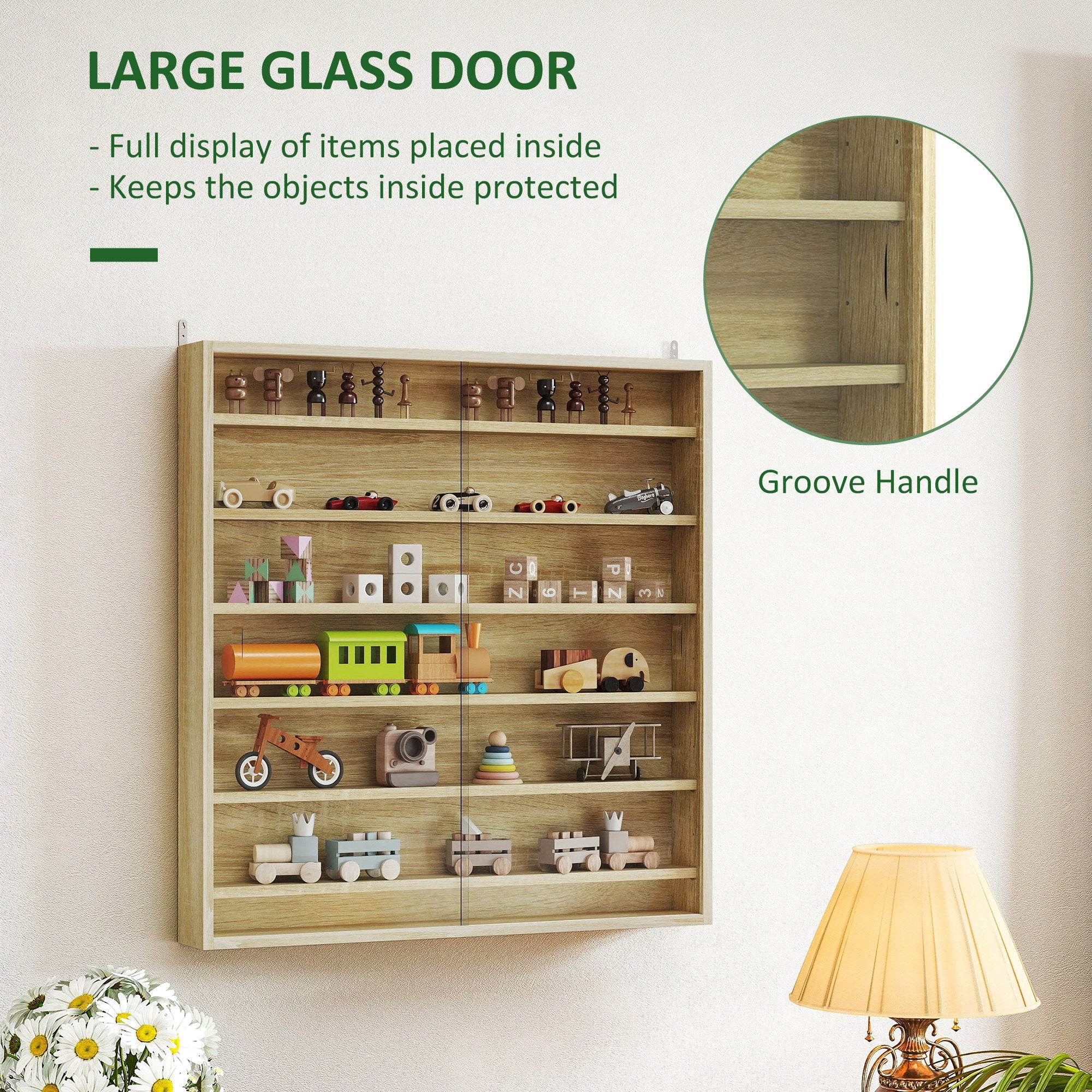 HOMCOM Six Shelf Display Cabinet, with Glass Doors - Oak - North Peak Garden Furniture