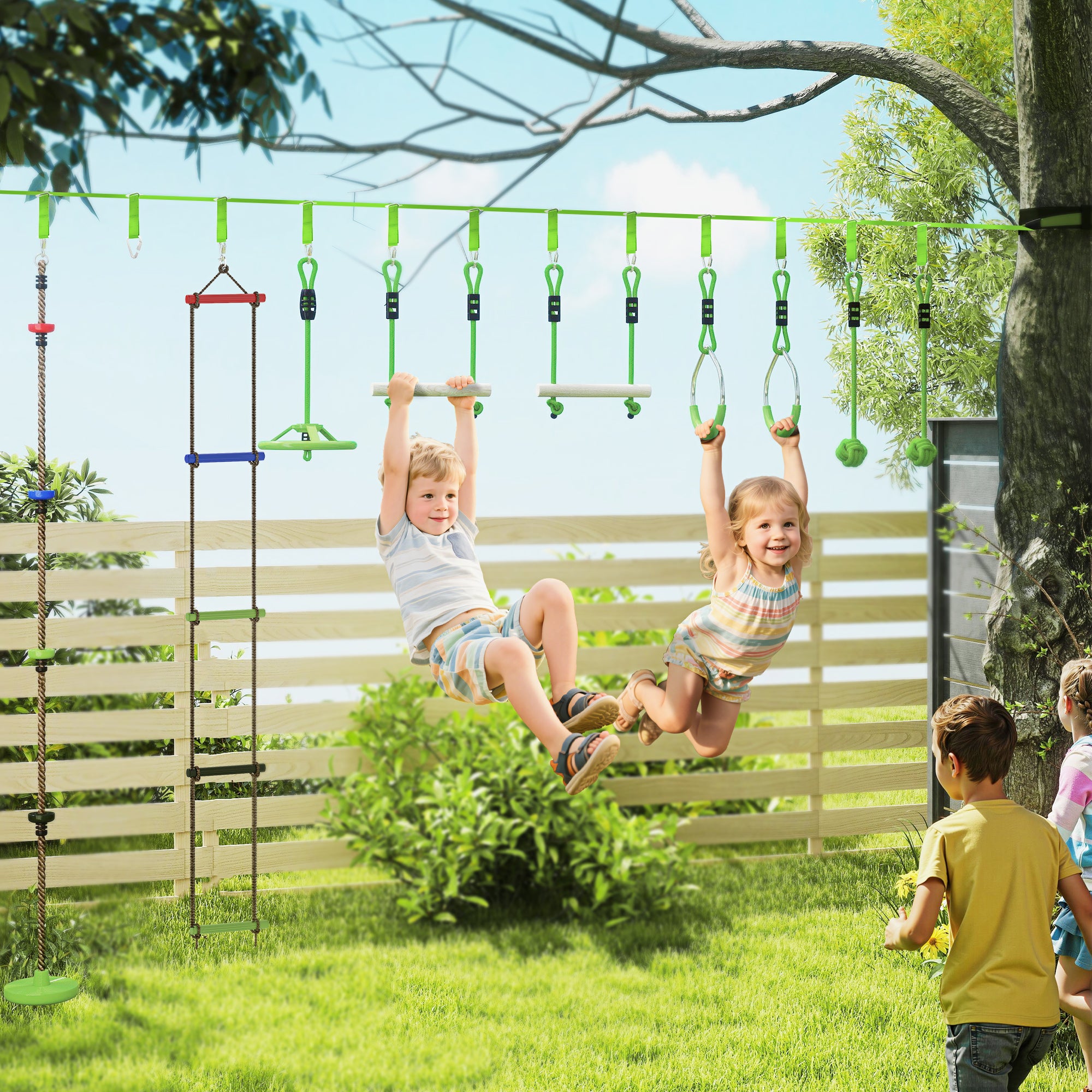 AIYAPLAY Obstacle Course for Kids with 10PCs Slackline Kit, with Monkey Bars, Gym Rings, Rope Ladder, Nest Swing, Hanging Tray - North Peak Garden Furniture