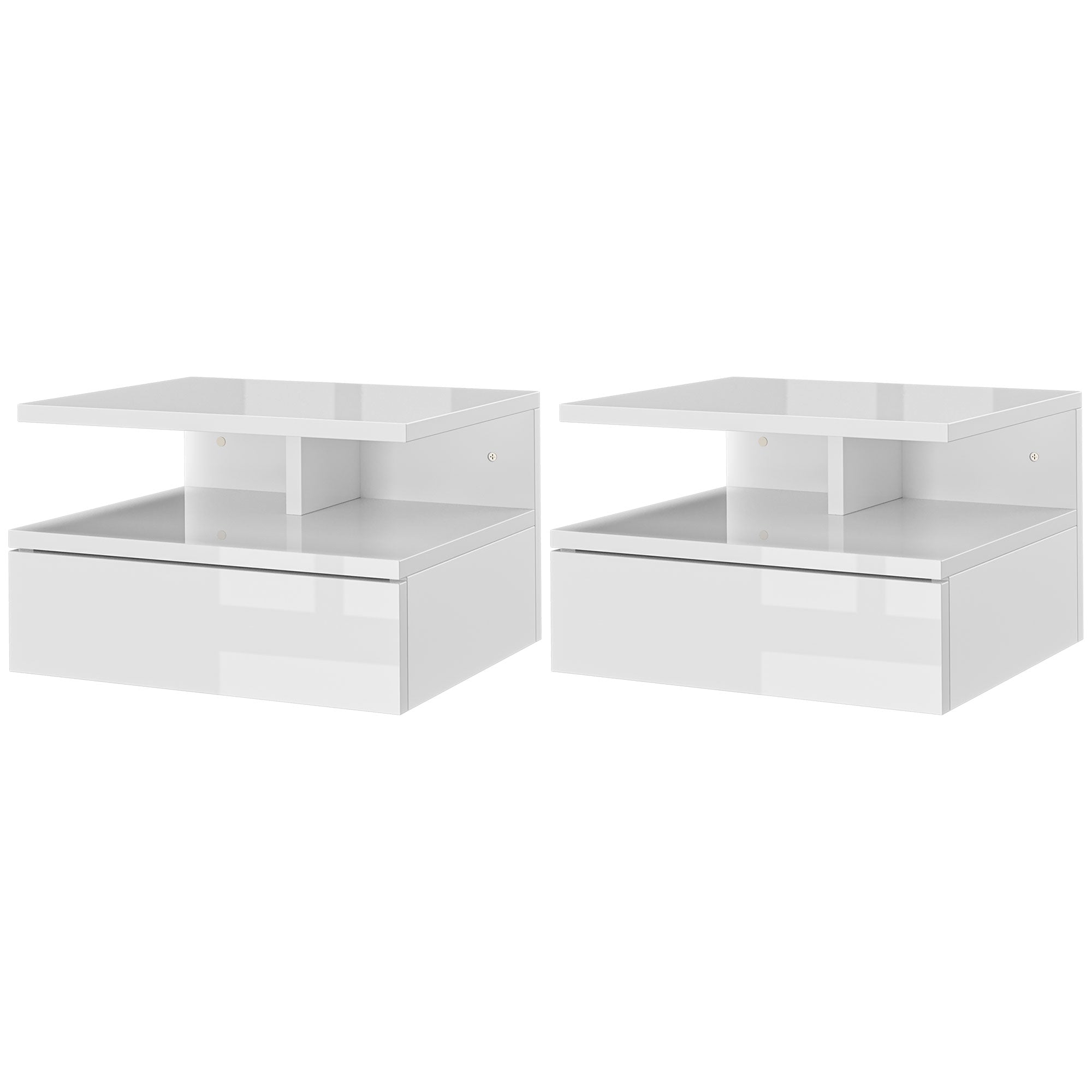 HOMCOM Set of Two Floating High Gloss Bedside Tables - White