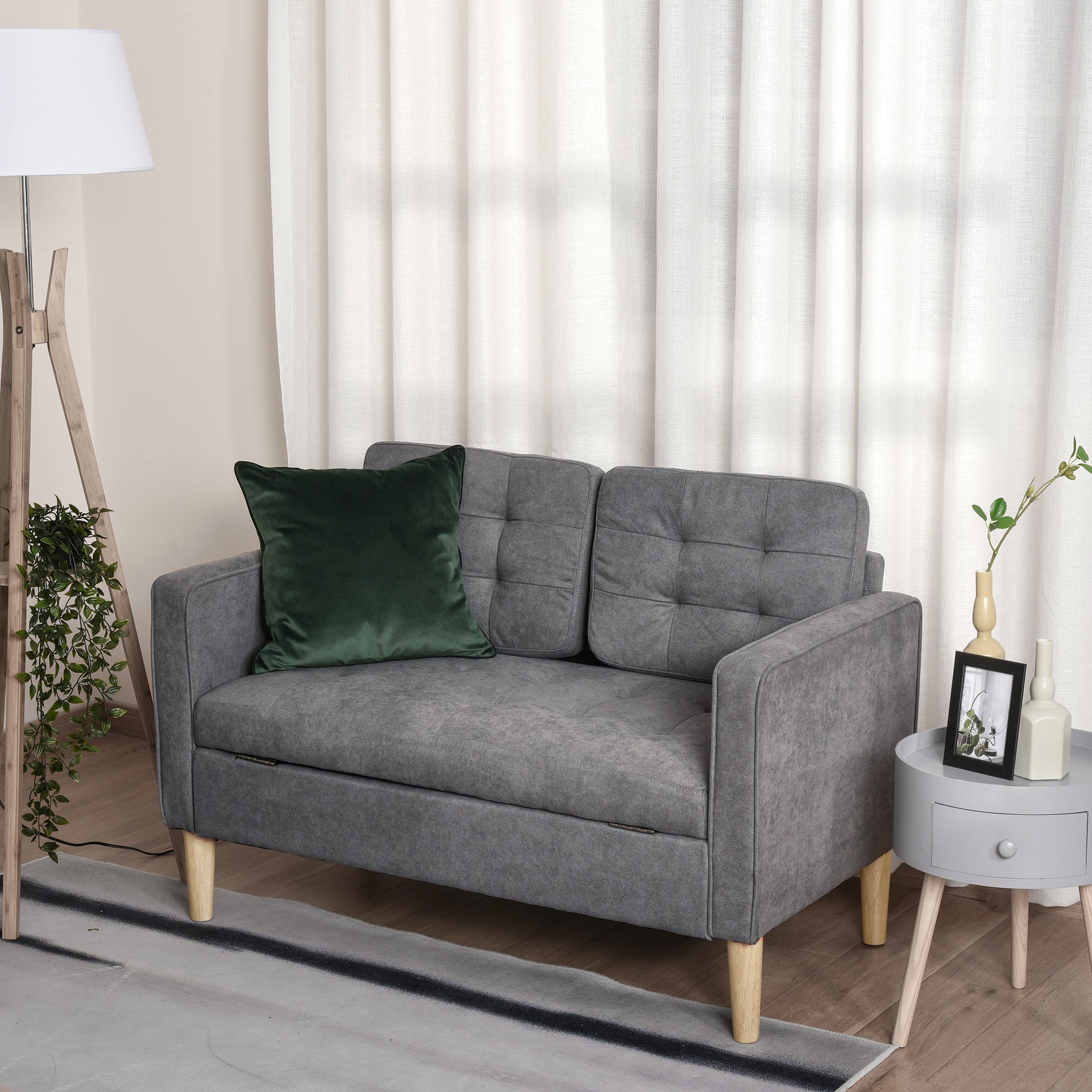 HOMCOM Modern 2 Seater Sofa with Hidden Storage, 117cm Tufted Cotton Couch with Wood Legs, Compact Loveseat for Living Room, Kitchen, Grey - North Peak Garden Furniture