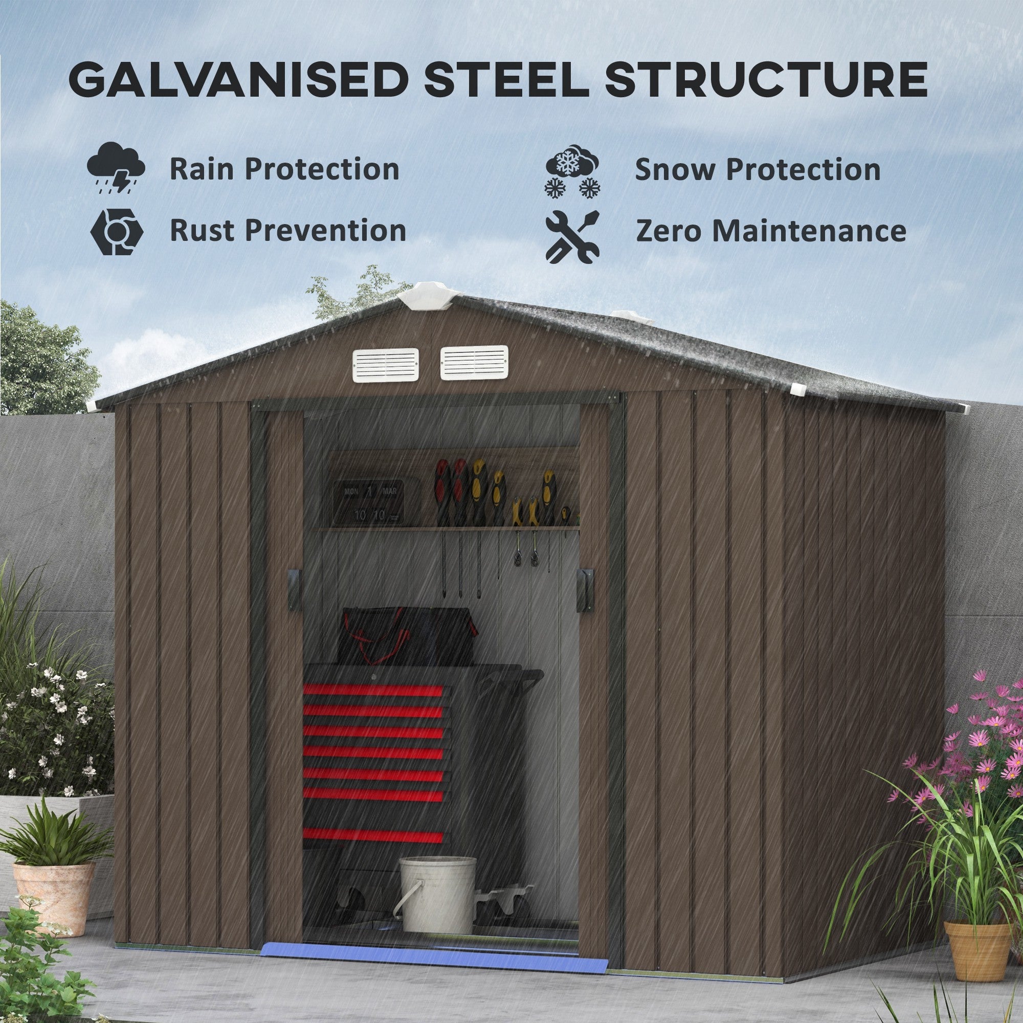 Outsunny 7 x 4ft Metal Garden Shed, Outdoor Storage Tool House with Ventilation Slots, Foundation Kit and Lockable Double Doors, Brown - North Peak Garden Furniture