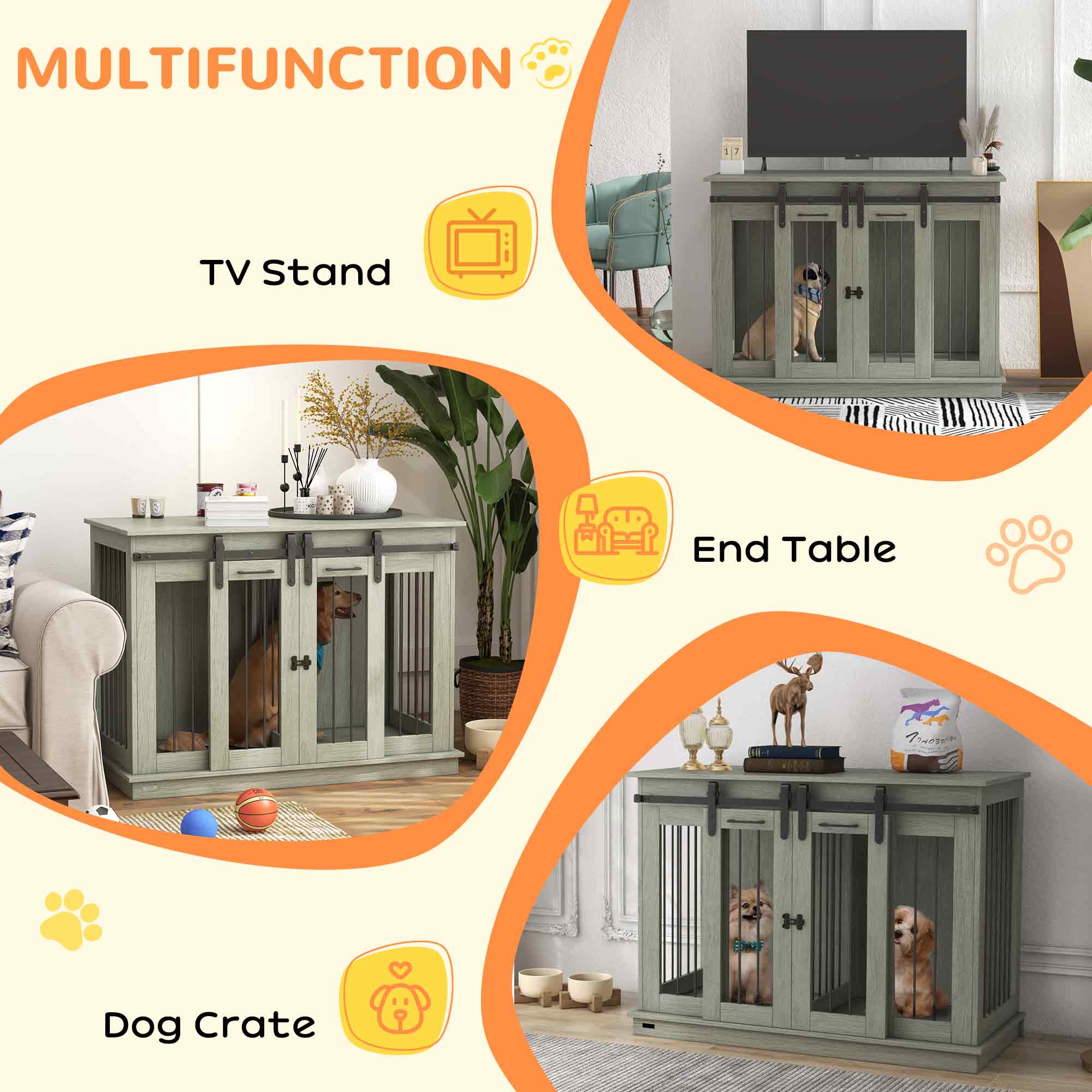 PawHut Dog Crate Furniture for Large Dogs, Double Dog Cage for Small Dogs, with Divider - Grey - North Peak Garden Furniture