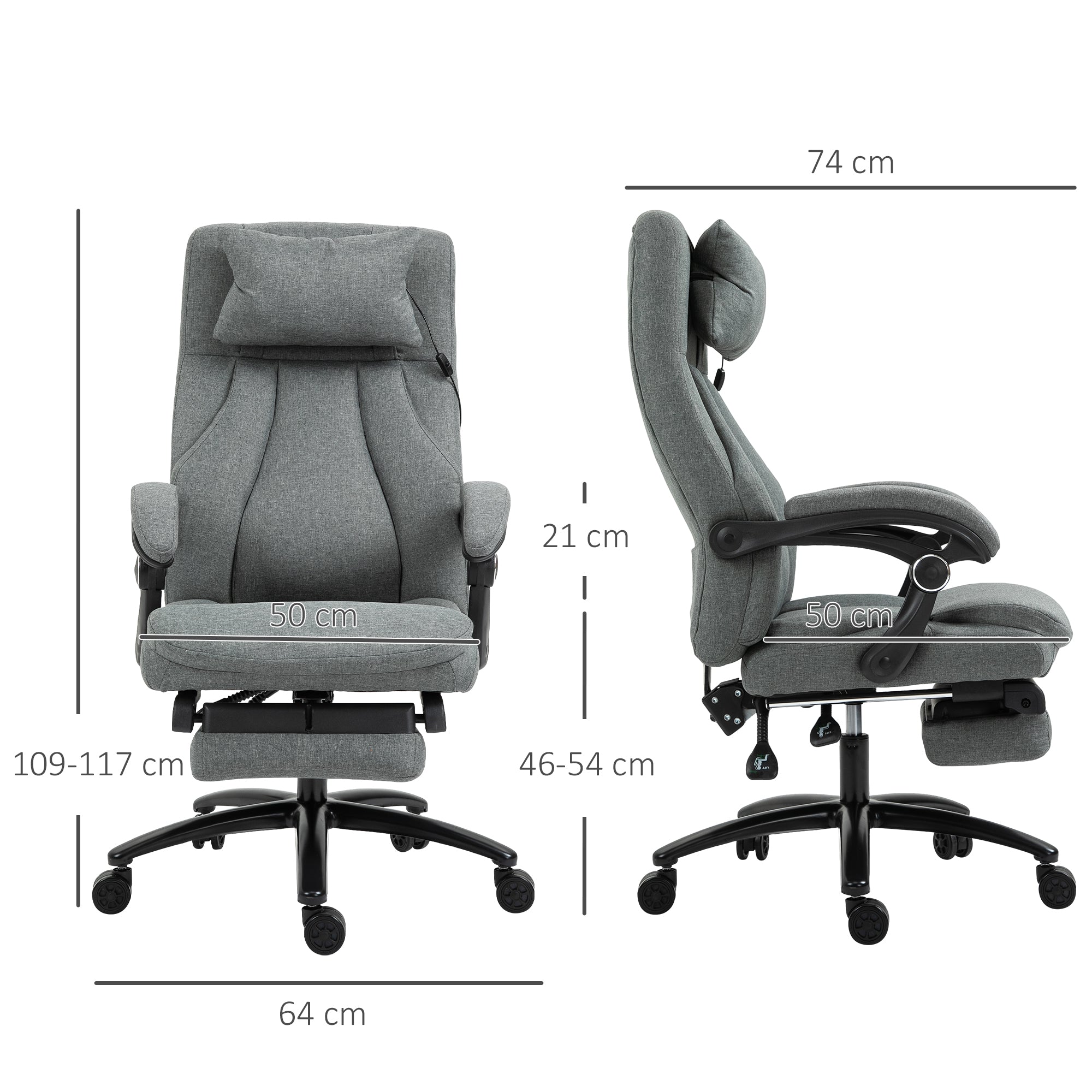 Vinsetto Office Chair, Fabric Desk Chair with Adjustable Massage Pillow, USB Power and Retractable Footrest, High Back, 360° Swivel, for Home, Grey - North Peak Garden Furniture