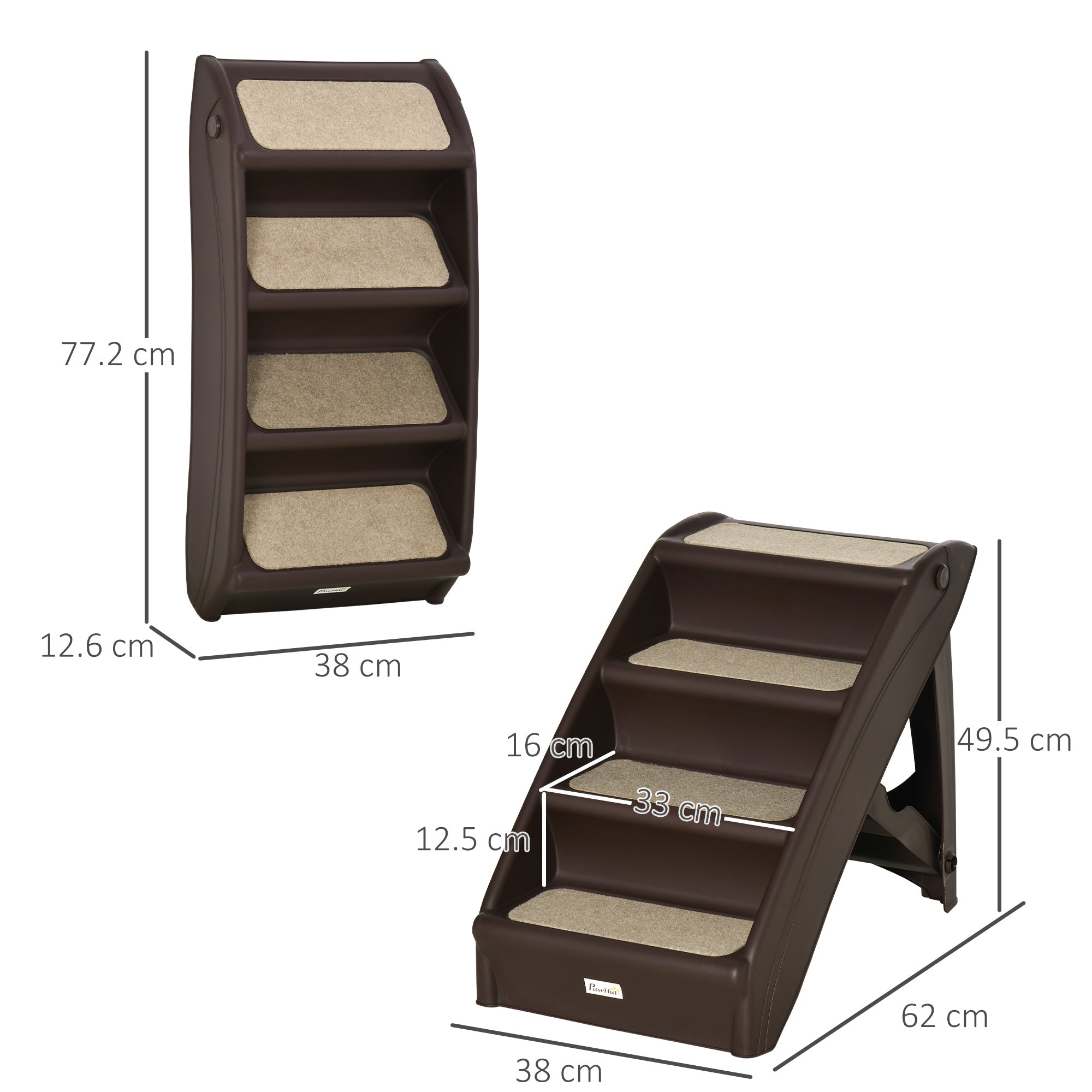 PawHut Foldable Four-Step Pet Stairs, for Cats, Small Miniature Dogs, with Non-Slip Mats 62 x 38 x 49.5cm - Brown - North Peak Garden Furniture
