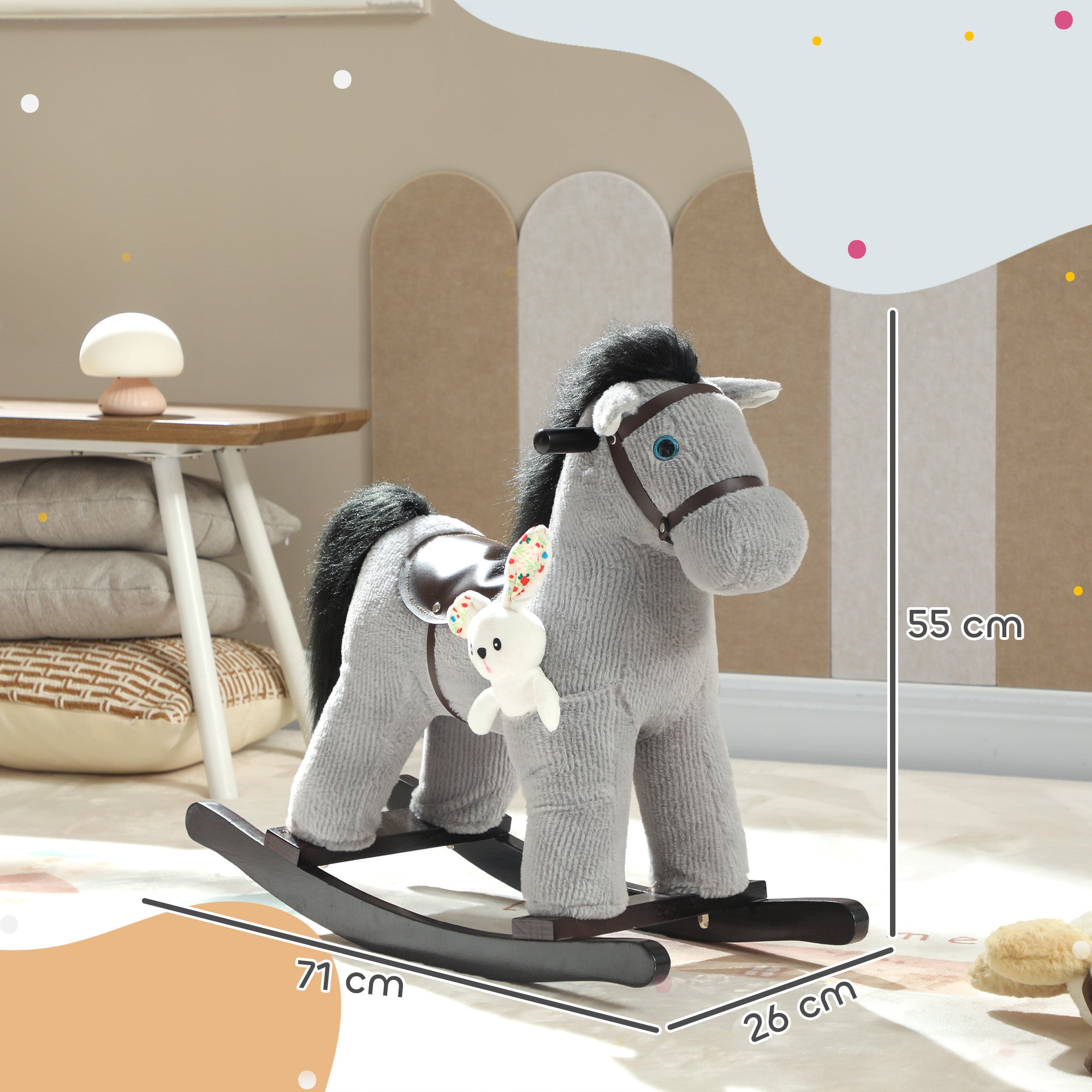 AIYAPLAY Baby Rocking Horse, Plush Ride on Toy with Handle Grip, Sound and Doll, Toddler Animal Rocker for Kids Aged 2–5, Grey