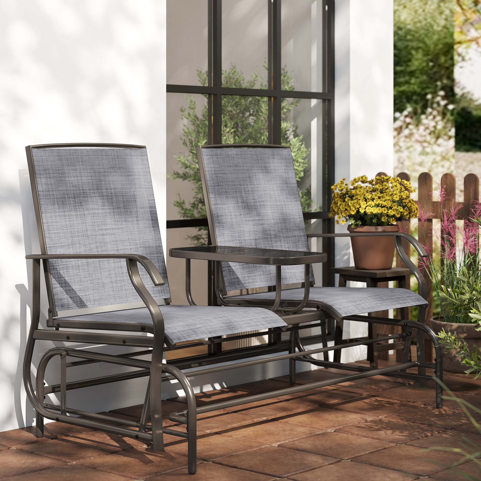 Outsunny 2 Seats Garden Glider Bench, Metal Frame Loveseat with Glass Top  Centre Table, Porch Rocking Glider for 2 Person, for Deck, Patio, Brown/ Grey