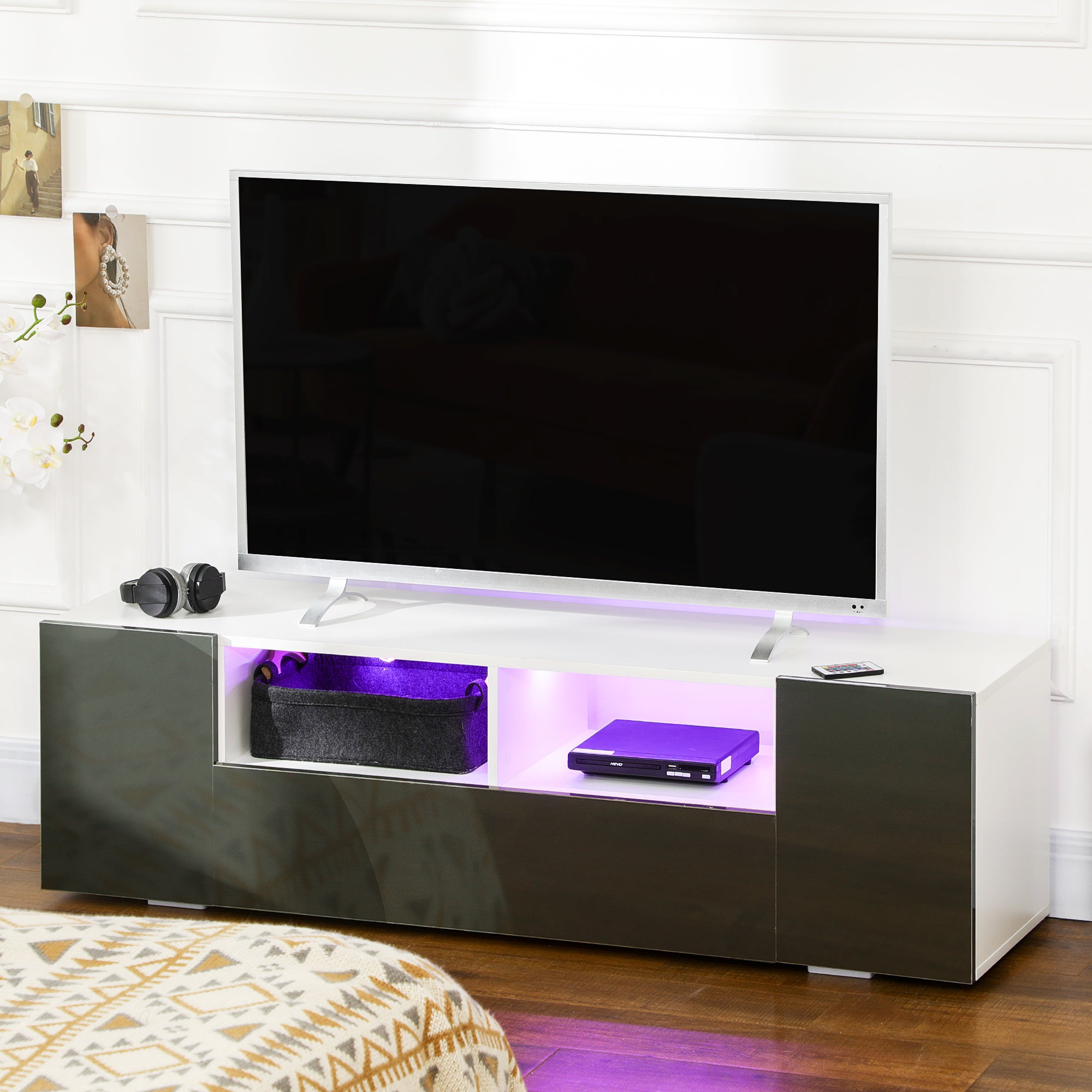 HOMCOM 16 LED Light TV Stand, with Storage - High Gloss Grey