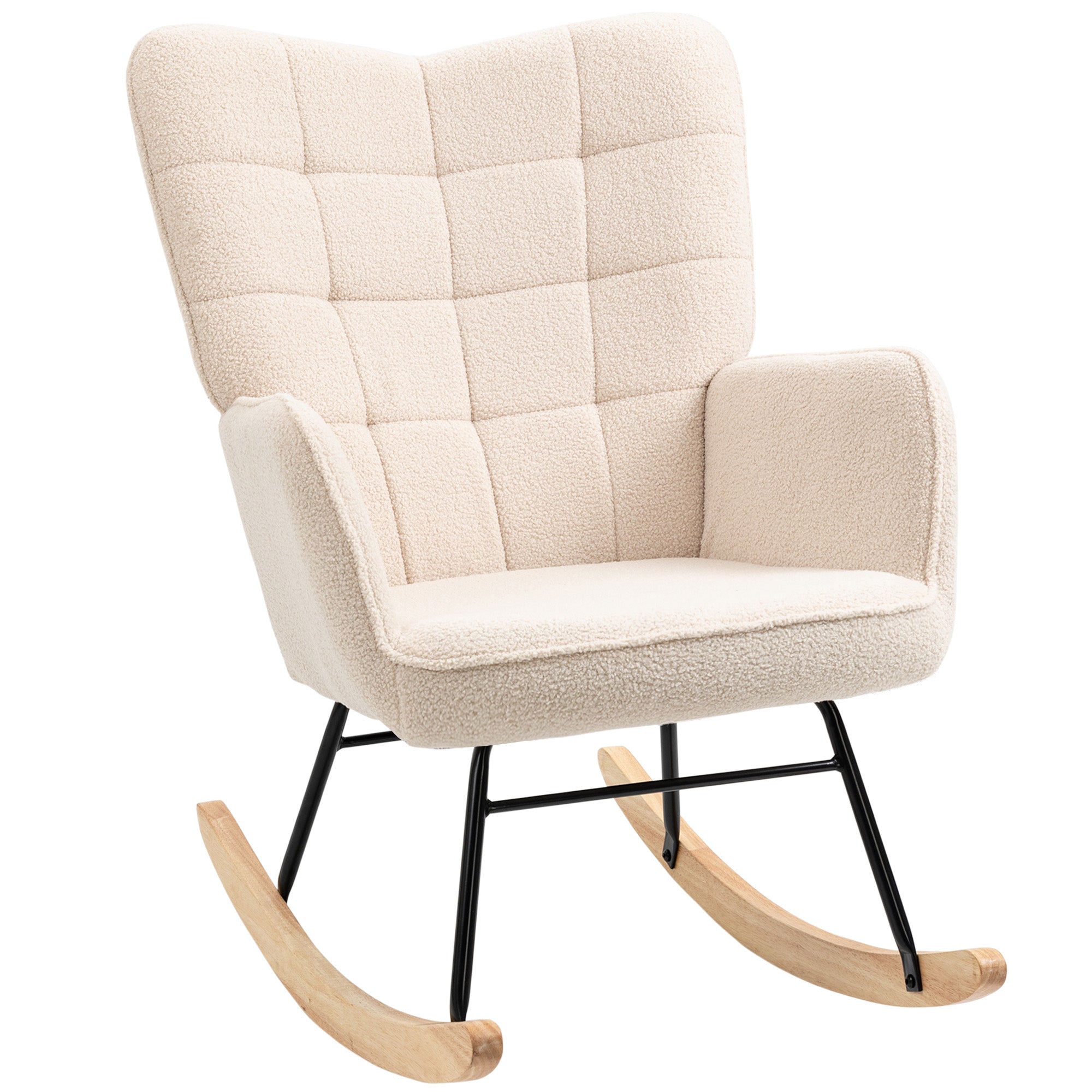 HOMCOM Berber Fleece Nursery Glider Rocker for Nursing, Wingback Rocking Chair for Living Room, Beige - North Peak Garden Furniture